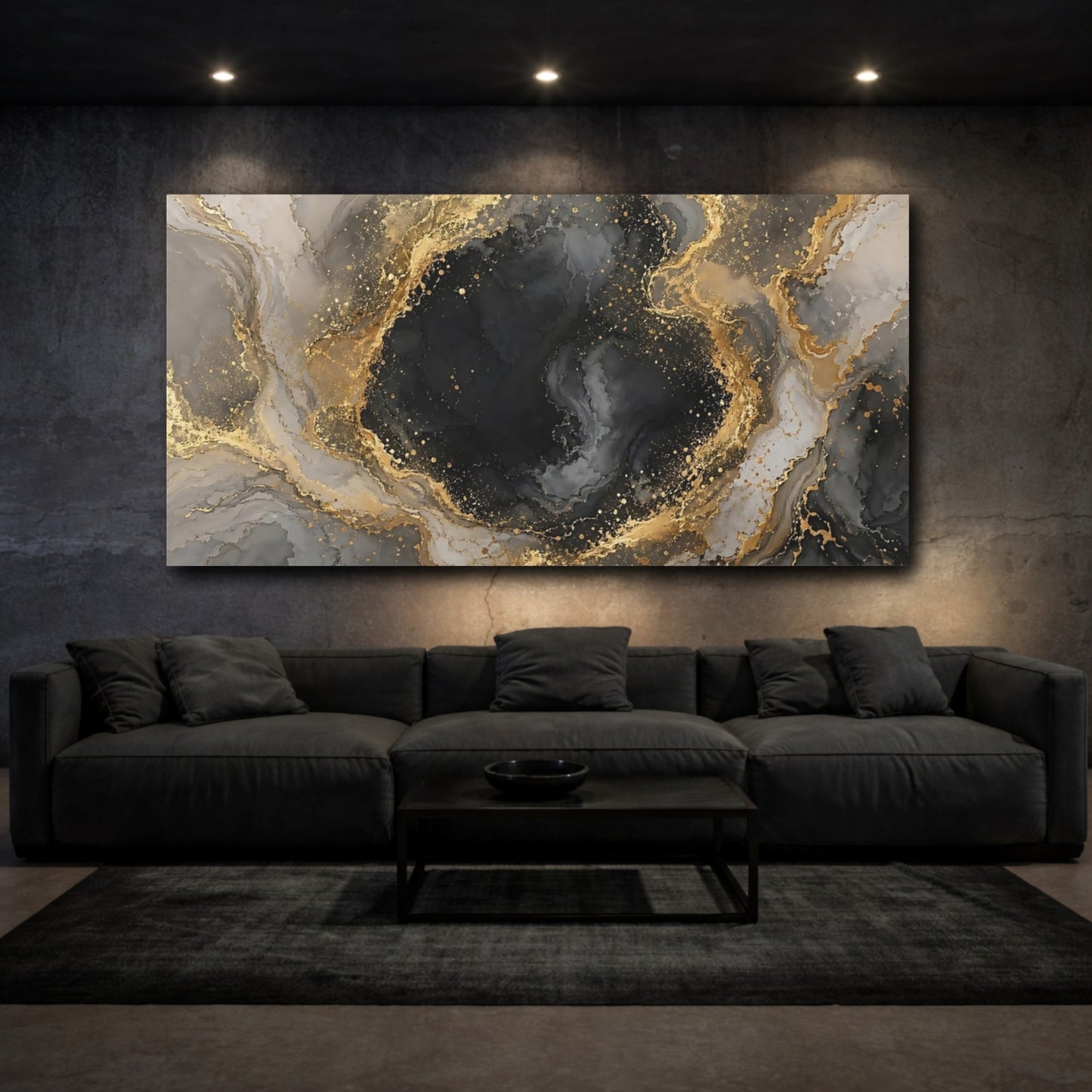 Mockup 2. Abstract Marble Texture Black And Gold shown as stretched canvas wall art