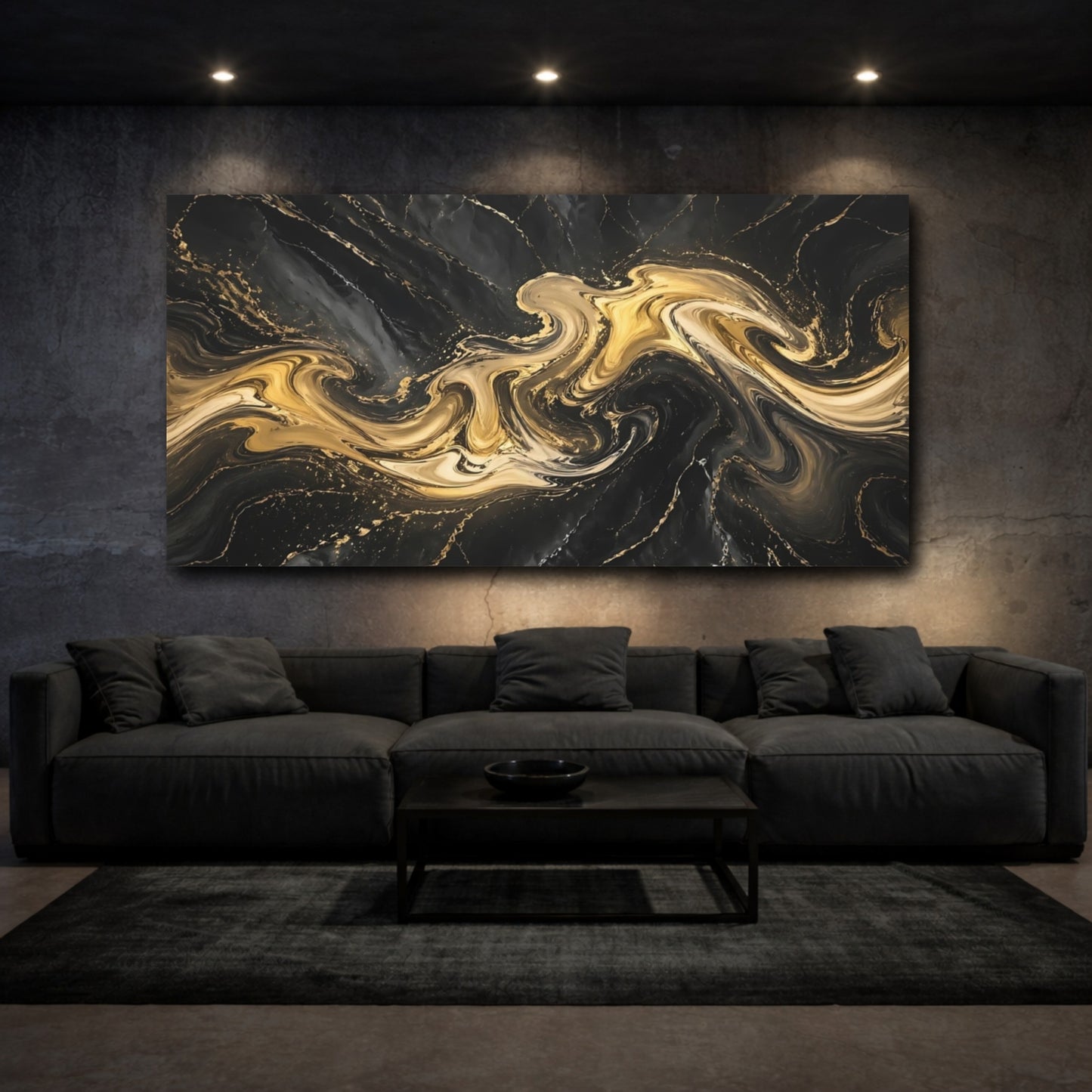 Mockup 2. Abstract Marble Texture Black And Gold shown as stretched canvas wall art