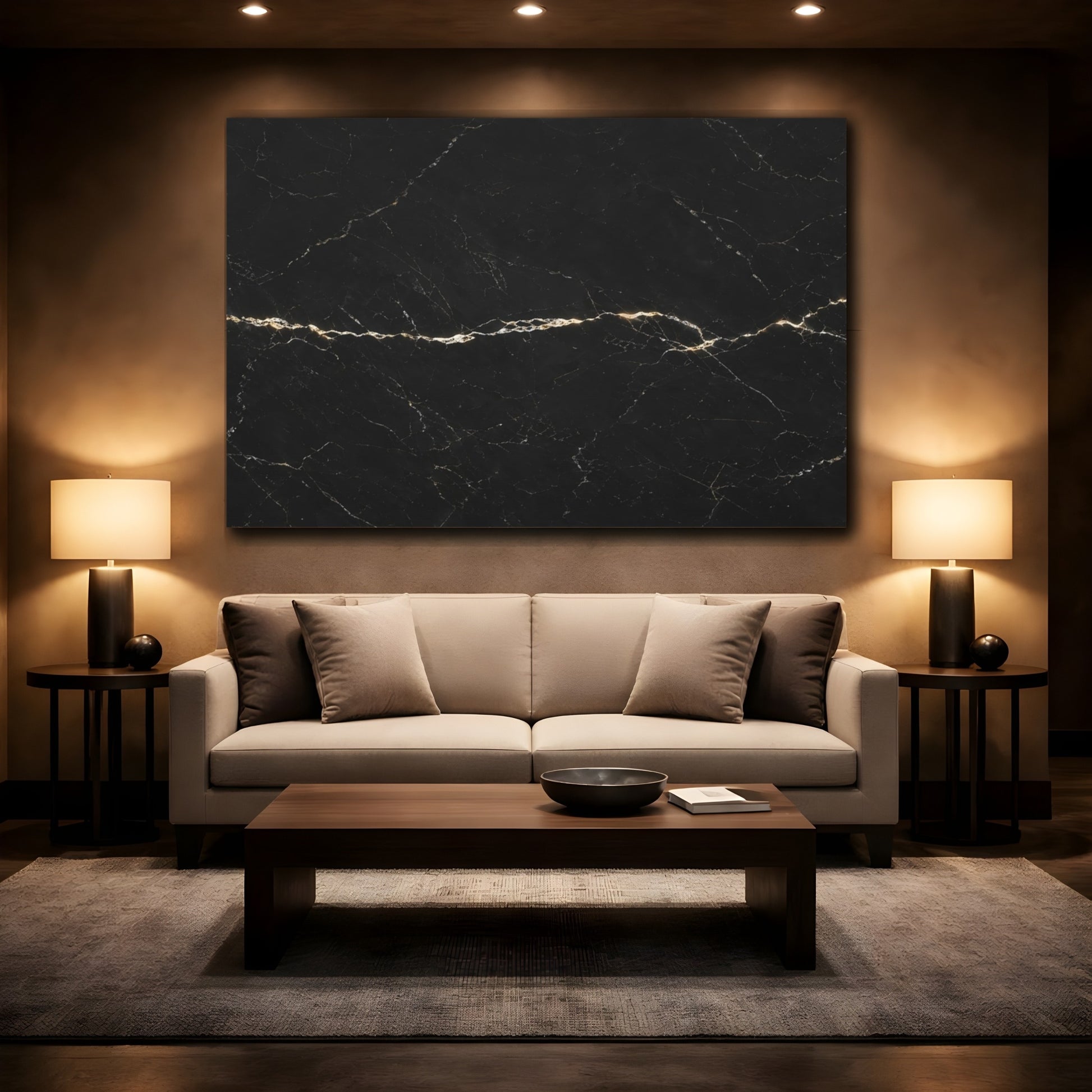 Mockup 2. Abstract Marble Texture Black And Gold shown as stretched canvas wall art