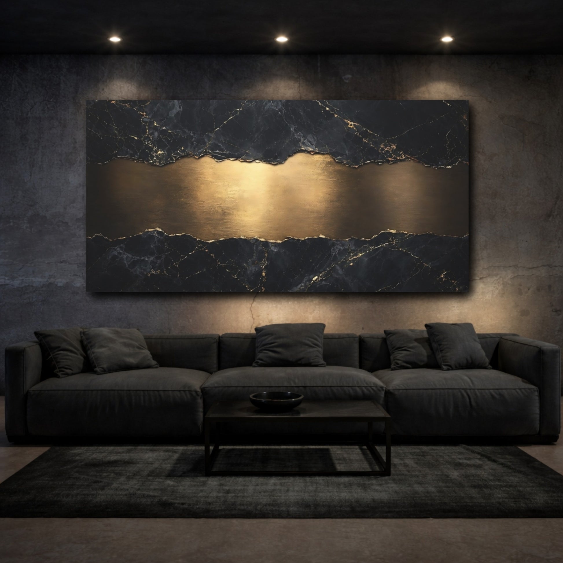 Mockup 2. Abstract Marble Texture Black And Gold shown as stretched canvas wall art