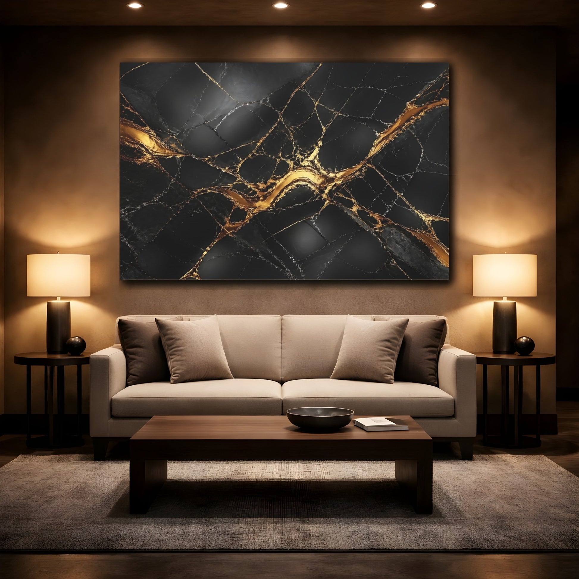 Mockup 2. Abstract Marble Texture Black And Gold shown as stretched canvas wall art
