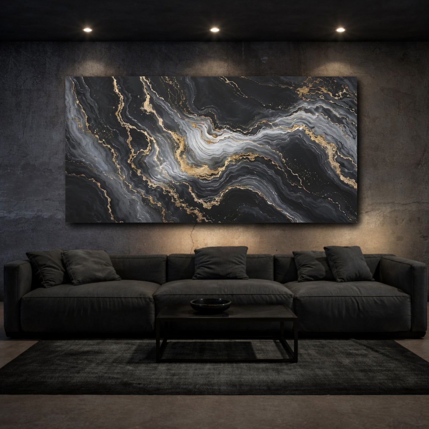Mockup 2. Abstract Marble Texture Black And Gold shown as stretched canvas wall art