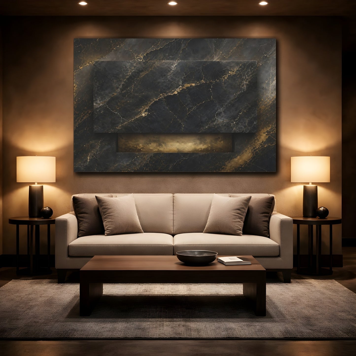 Mockup 2. Abstract Marble Texture Black And Gold shown as stretched canvas wall art