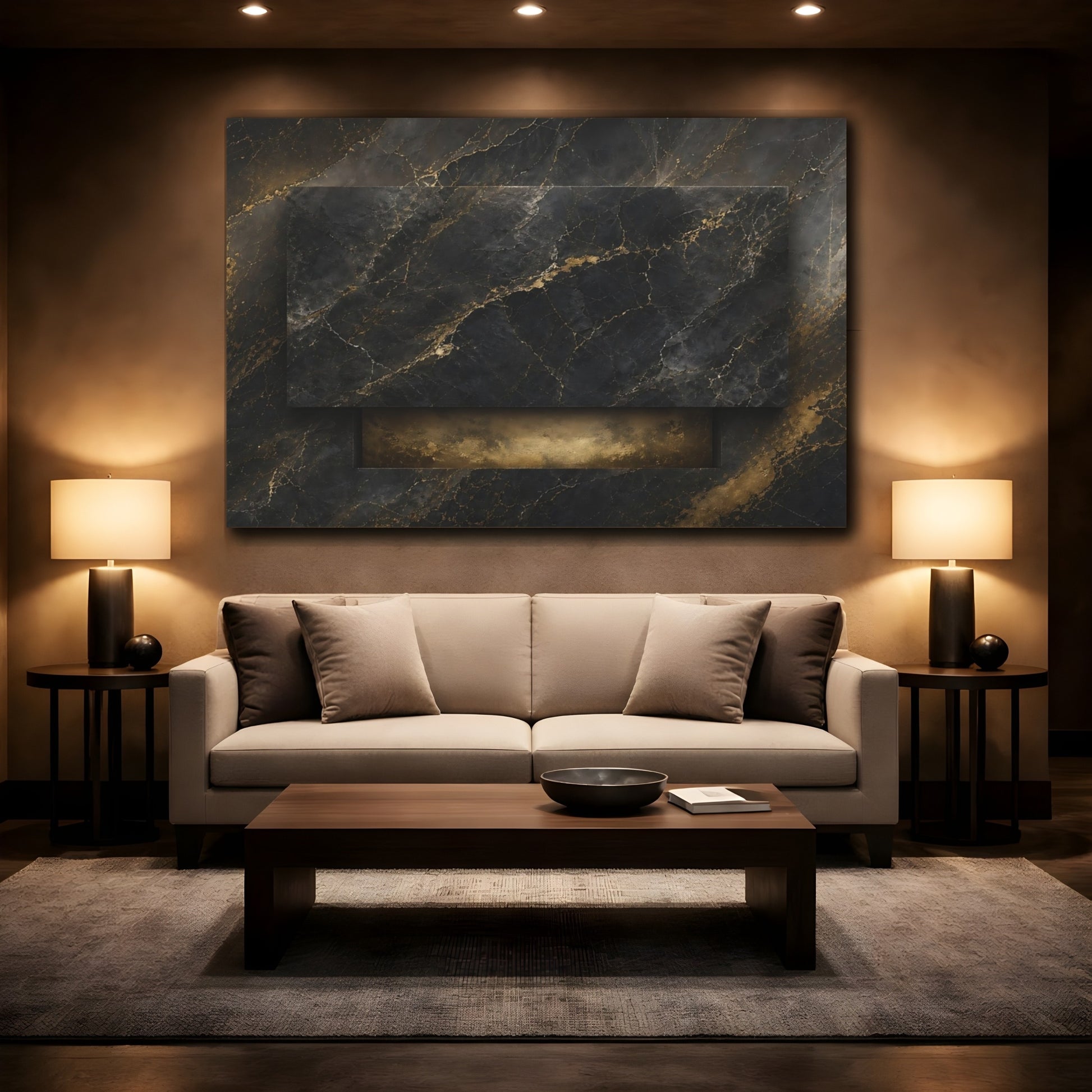 Mockup 2. Abstract Marble Texture Black And Gold shown as stretched canvas wall art