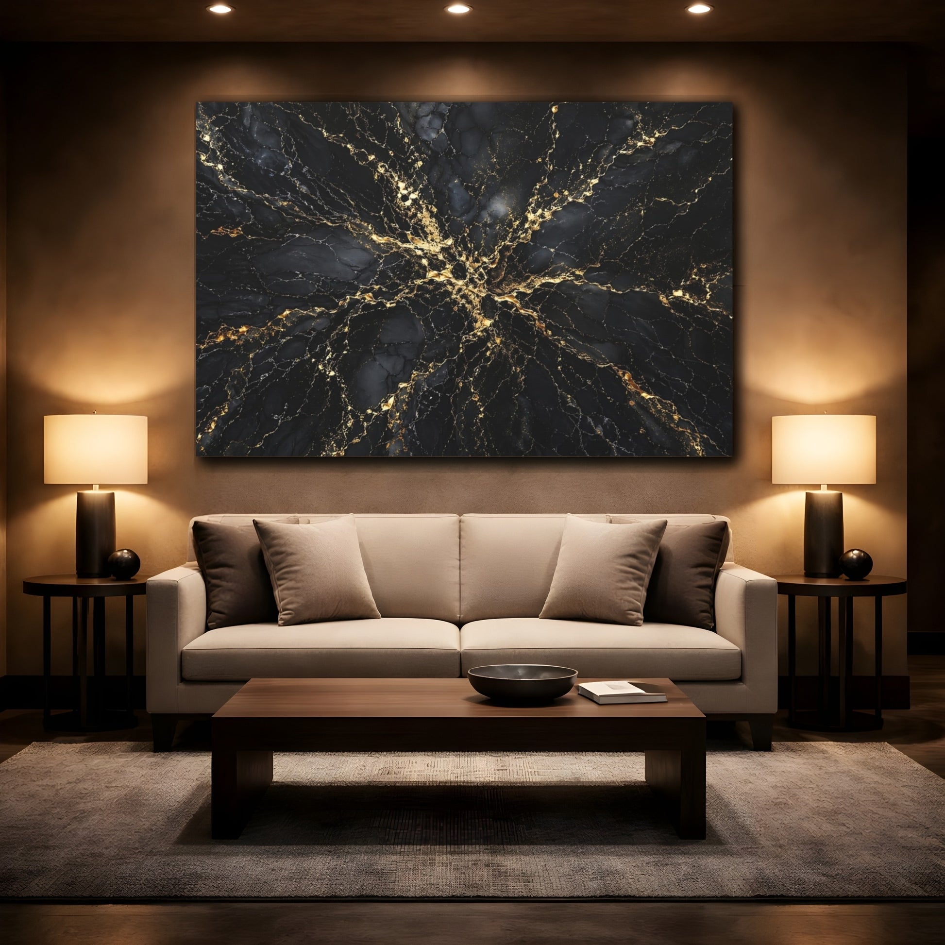 Mockup 2. Abstract Marble Texture Black And Gold shown as stretched canvas wall art