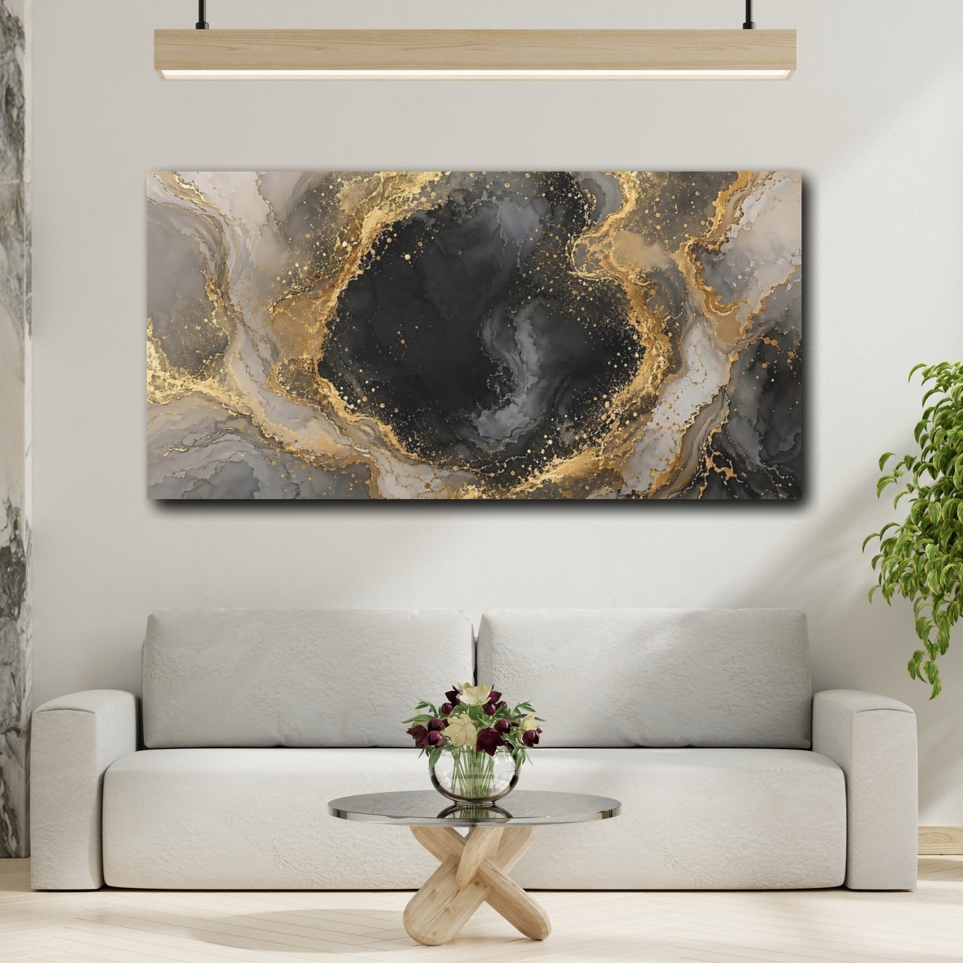 Mockup 3. Abstract Marble Texture Black And Gold shown as stretched canvas wall art