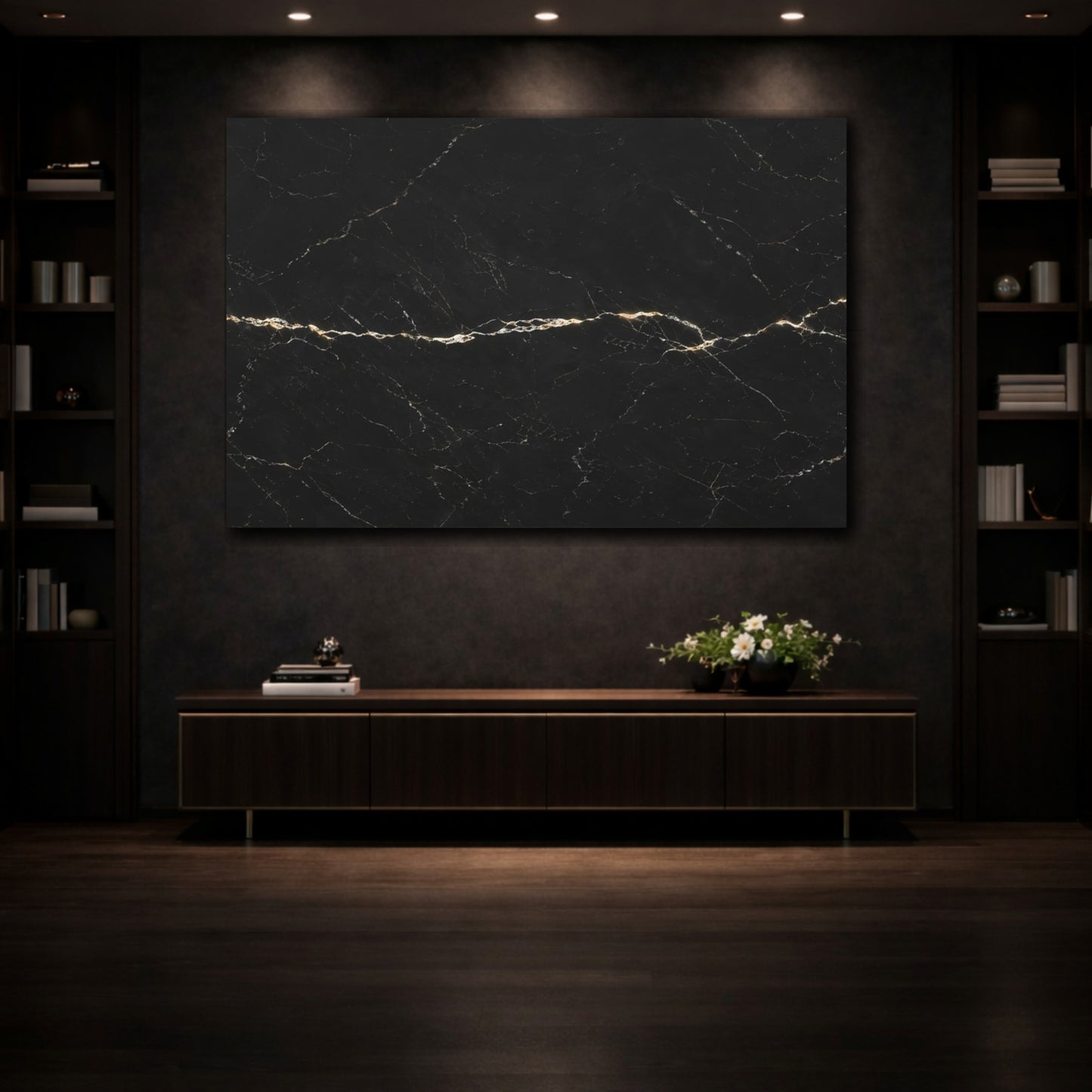 Mockup 3. Abstract Marble Texture Black And Gold shown as stretched canvas wall art