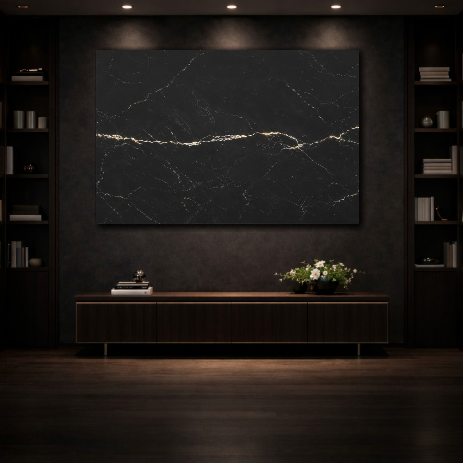 Mockup 3. Abstract Marble Texture Black And Gold shown as stretched canvas wall art