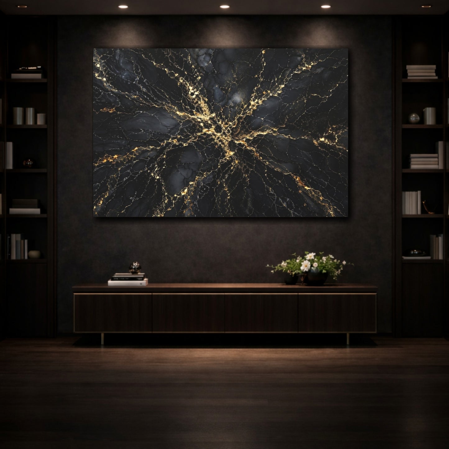 Mockup 3. Abstract Marble Texture Black And Gold shown as stretched canvas wall art