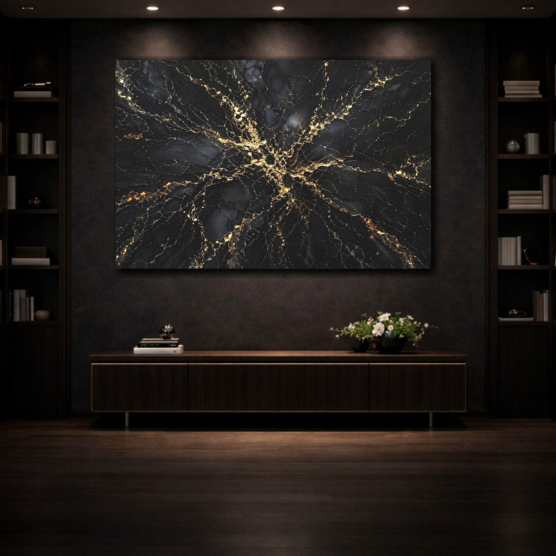 Mockup 3. Abstract Marble Texture Black And Gold shown as stretched canvas wall art