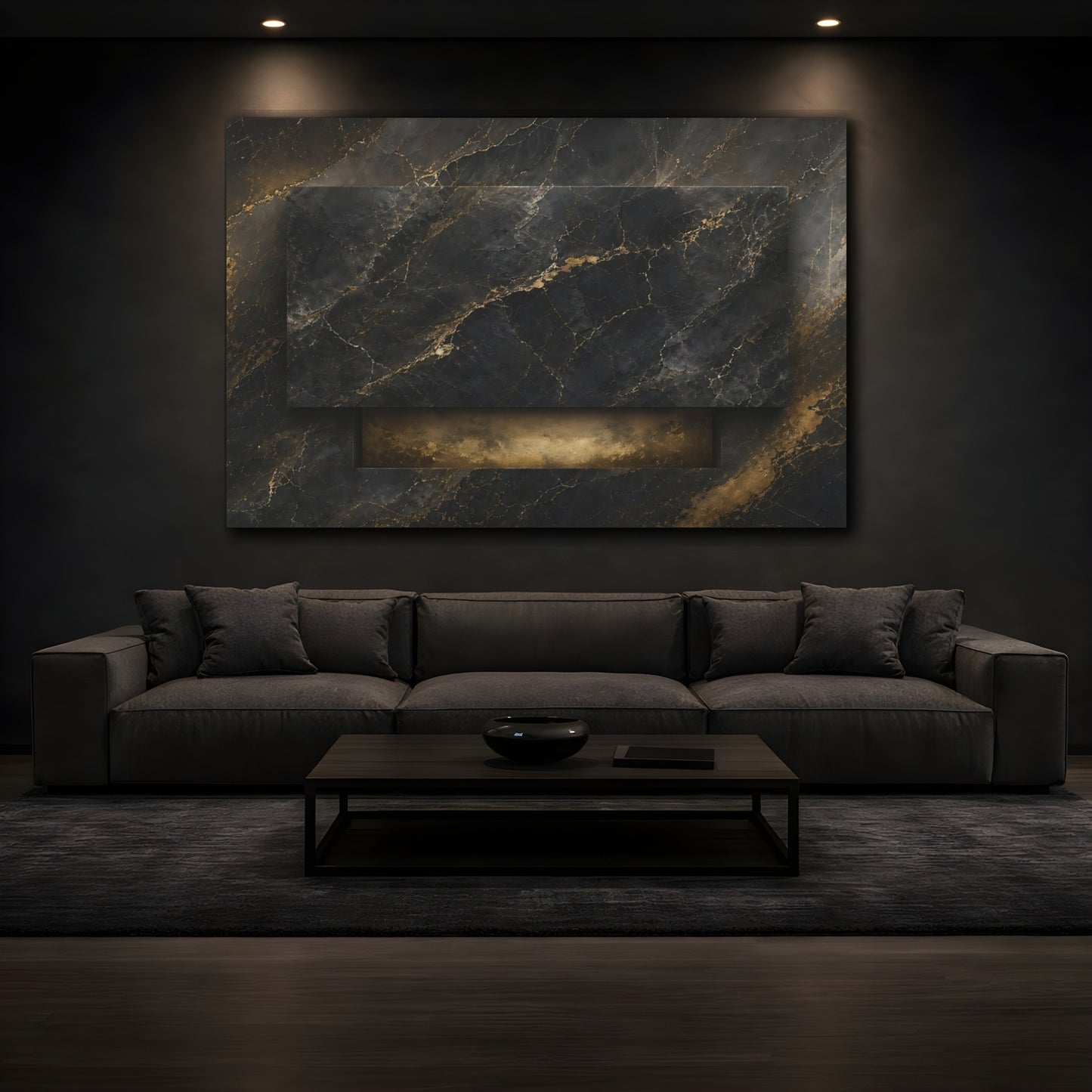 Mockup 3. Abstract Marble Texture Black And Gold shown as stretched canvas wall art
