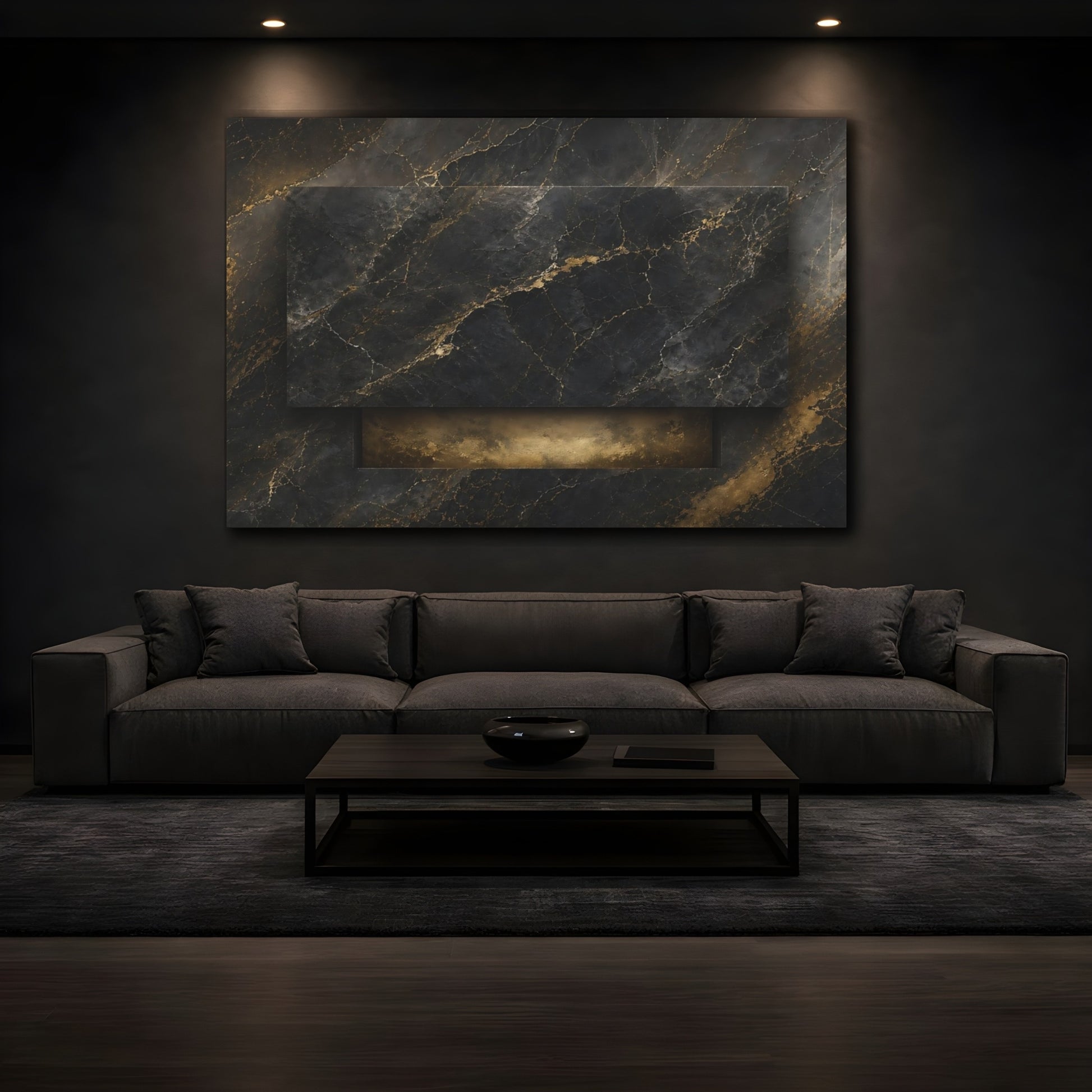 Mockup 3. Abstract Marble Texture Black And Gold shown as stretched canvas wall art