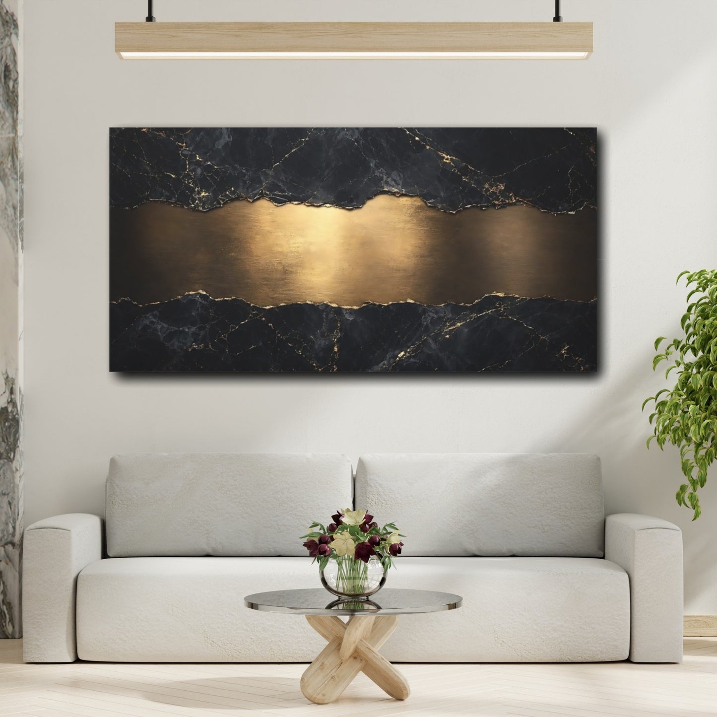 Mockup 3. Abstract Marble Texture Black And Gold shown as stretched canvas wall art