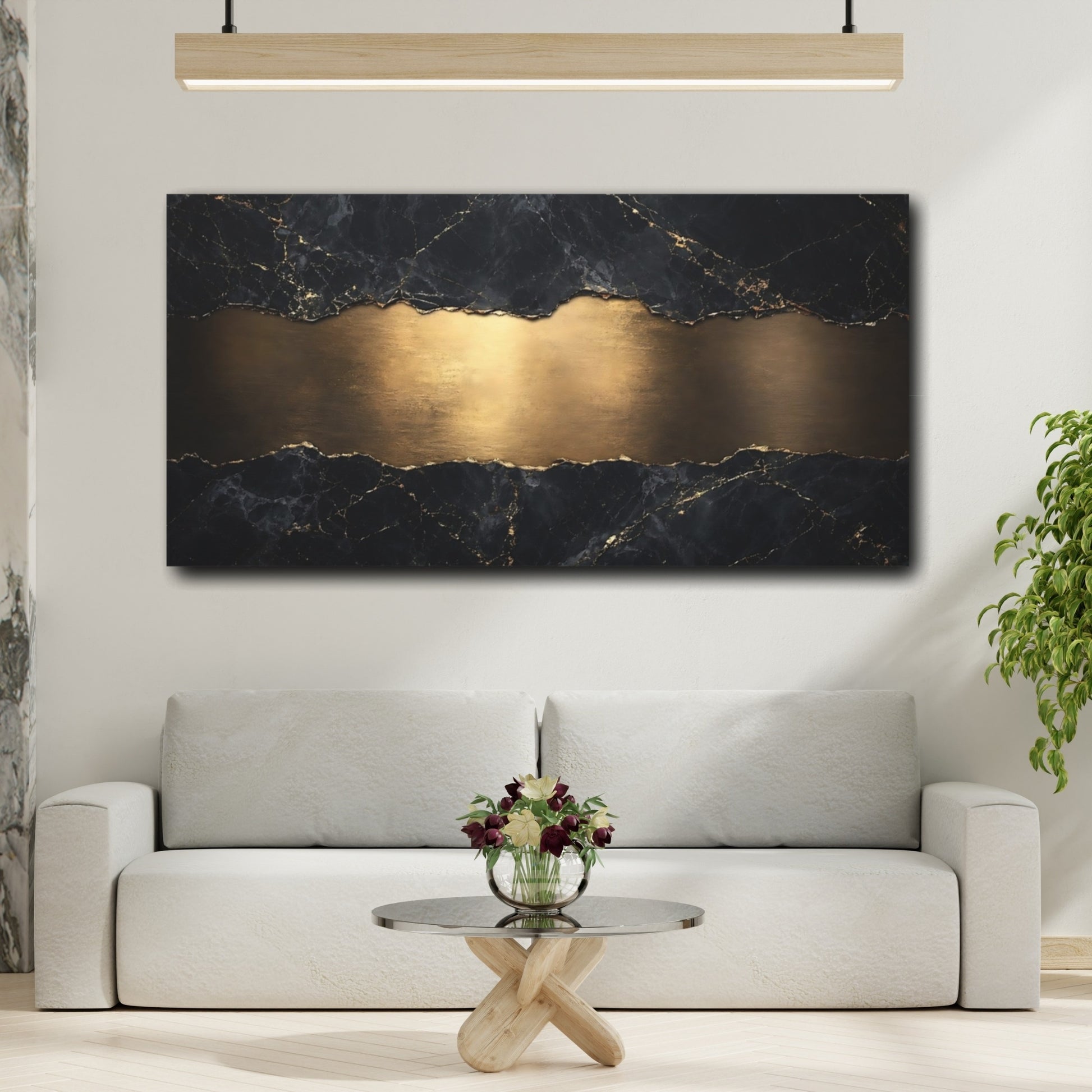 Mockup 3. Abstract Marble Texture Black And Gold shown as stretched canvas wall art