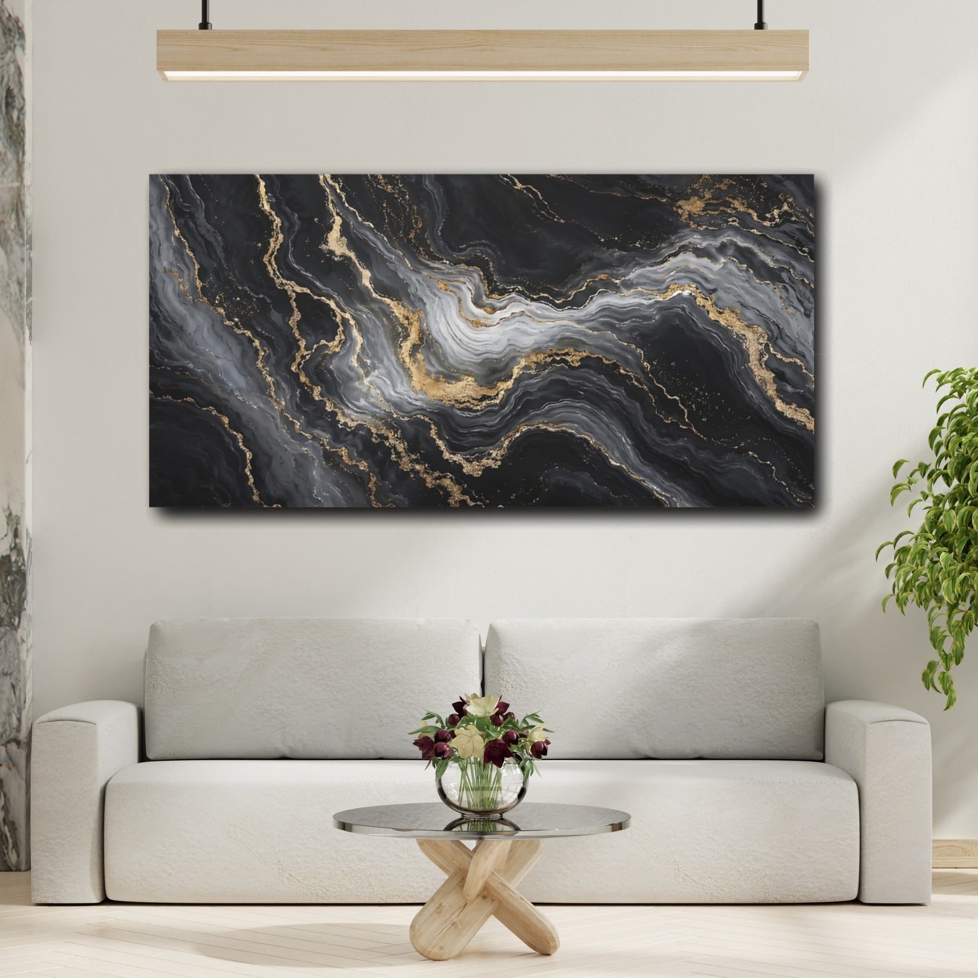 Mockup 3. Abstract Marble Texture Black And Gold shown as stretched canvas wall art