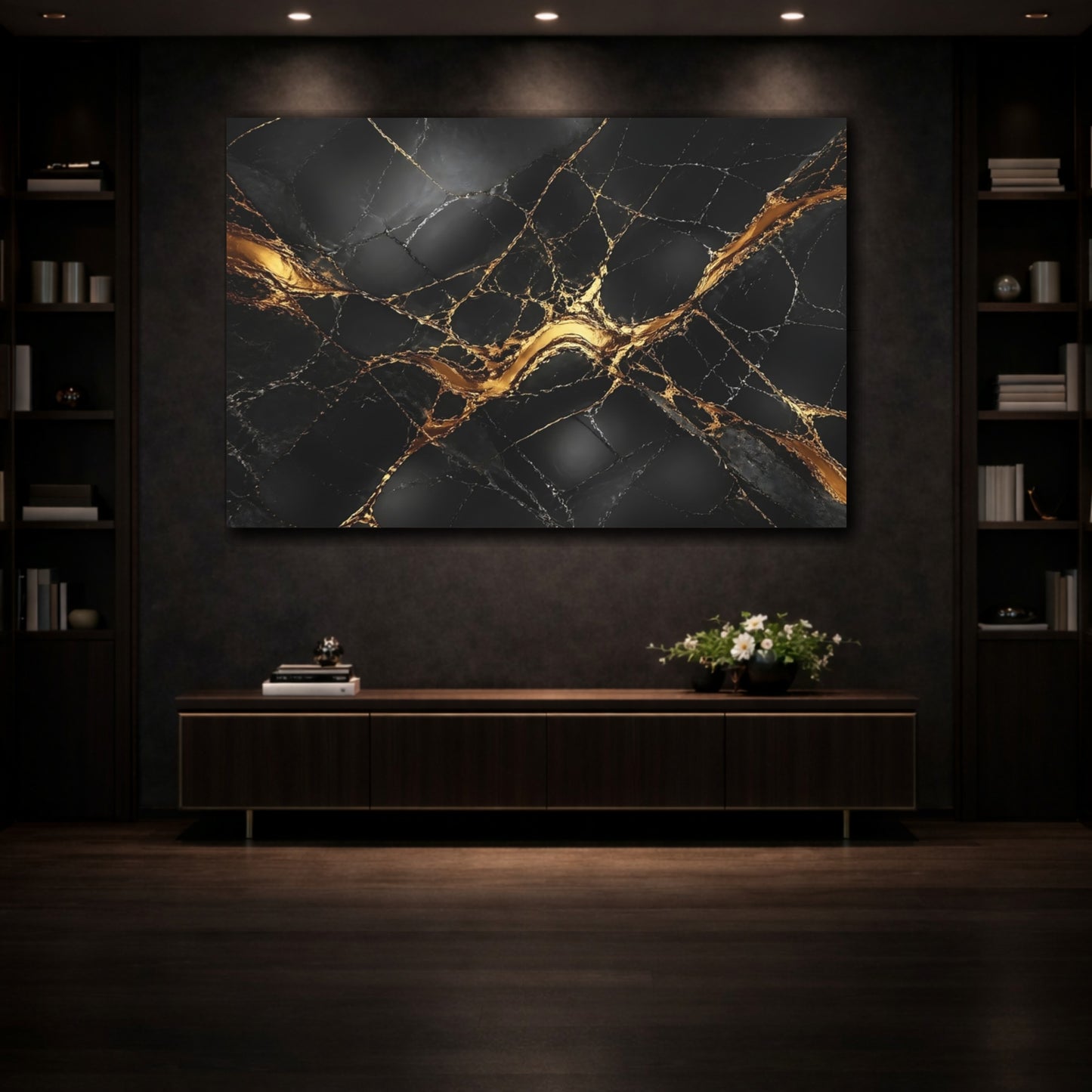 Mockup 3. Abstract Marble Texture Black And Gold shown as stretched canvas wall art