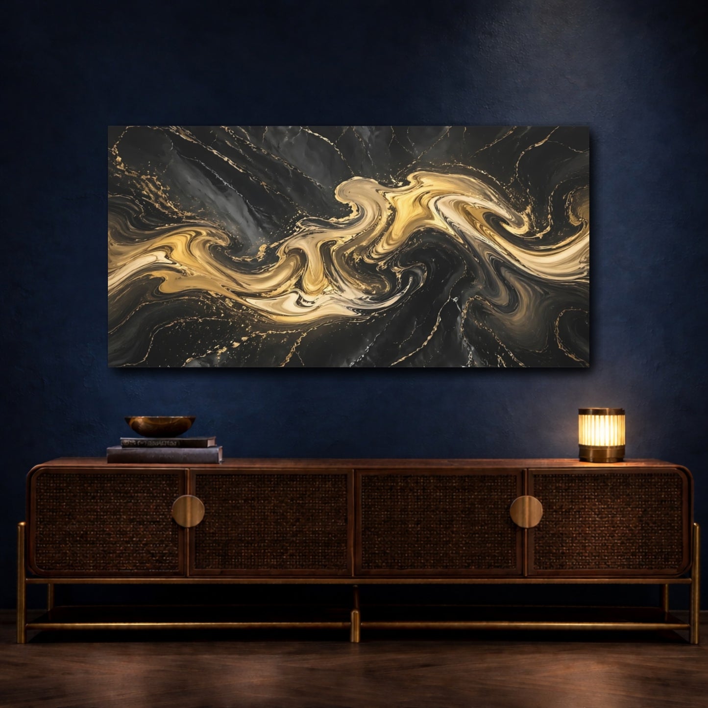 Mockup 3. Abstract Marble Texture Black And Gold shown as stretched canvas wall art