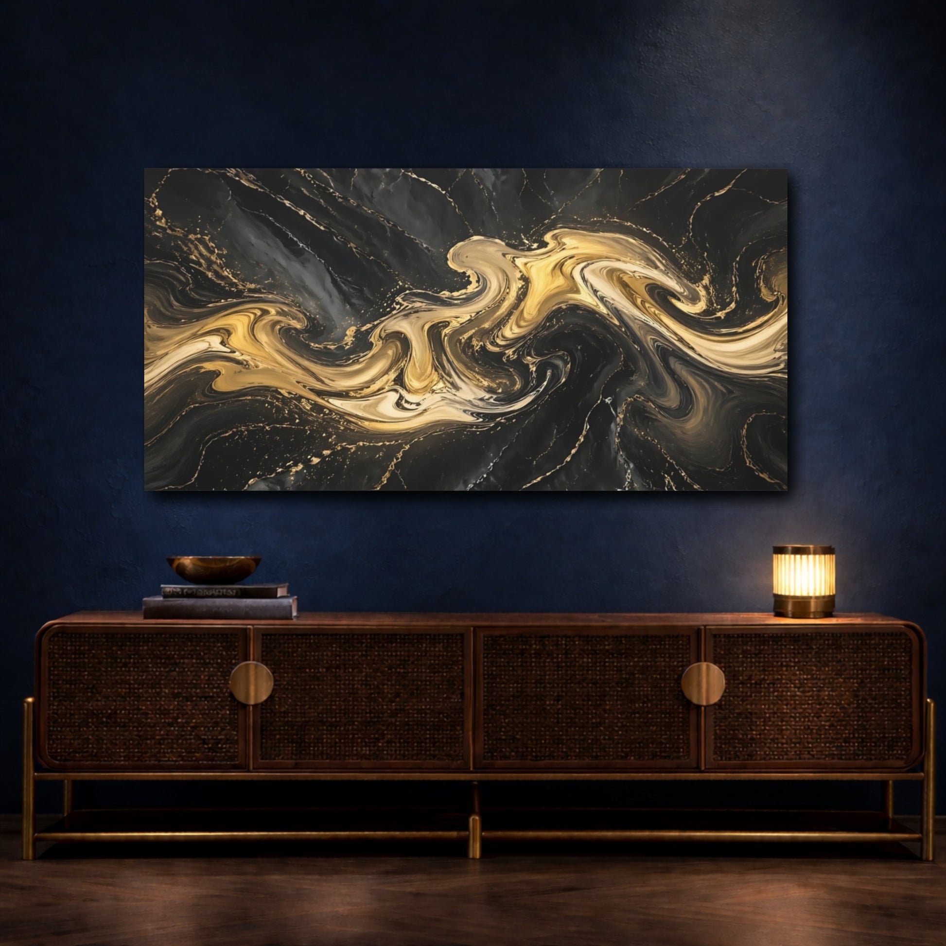 Mockup 3. Abstract Marble Texture Black And Gold shown as stretched canvas wall art
