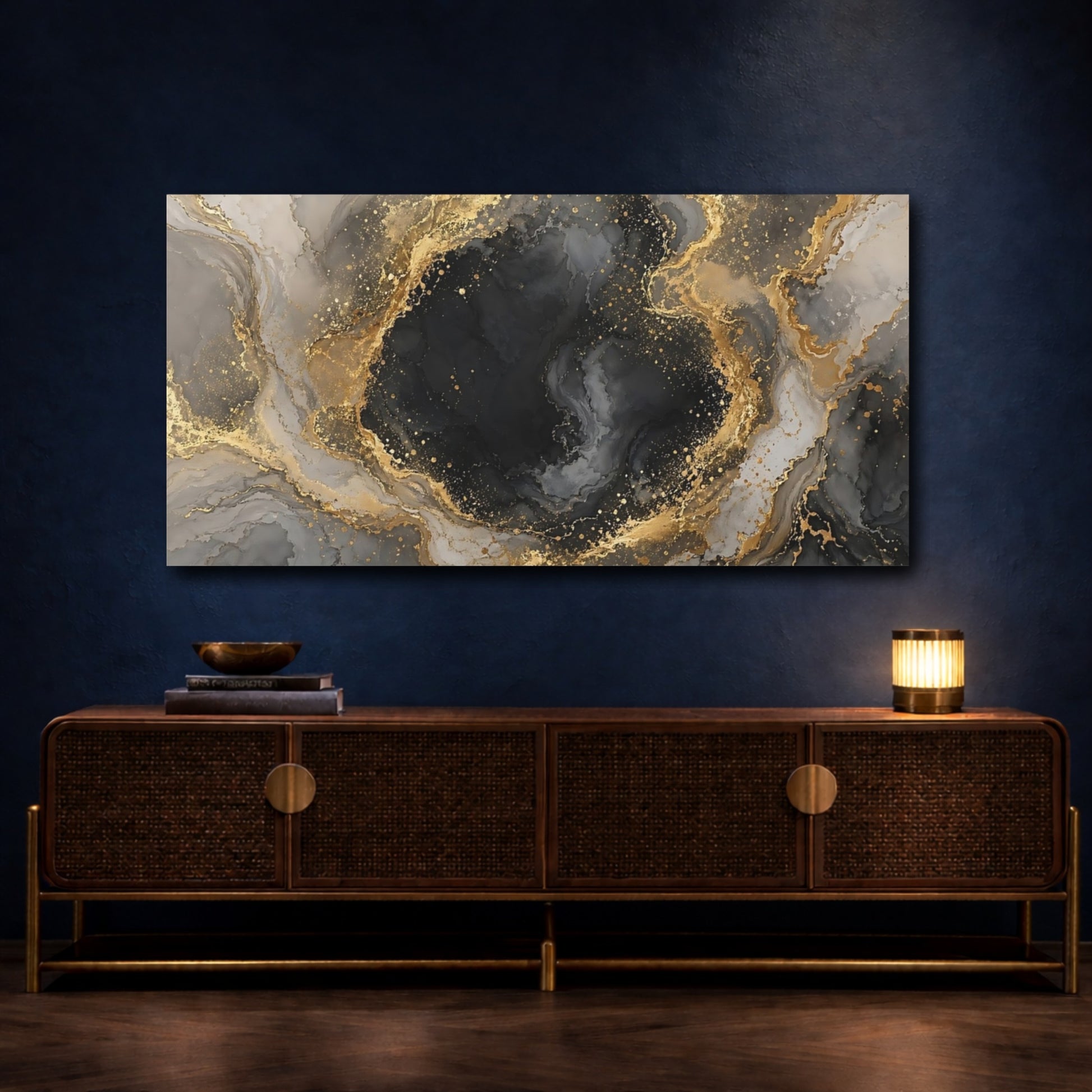 Mockup 4. Abstract Marble Texture Black And Gold shown as stretched canvas wall art