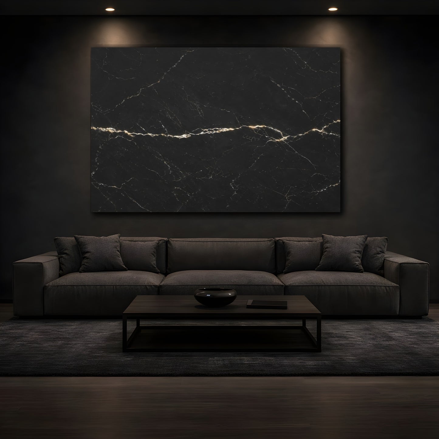 Mockup 4. Abstract Marble Texture Black And Gold shown as stretched canvas wall art