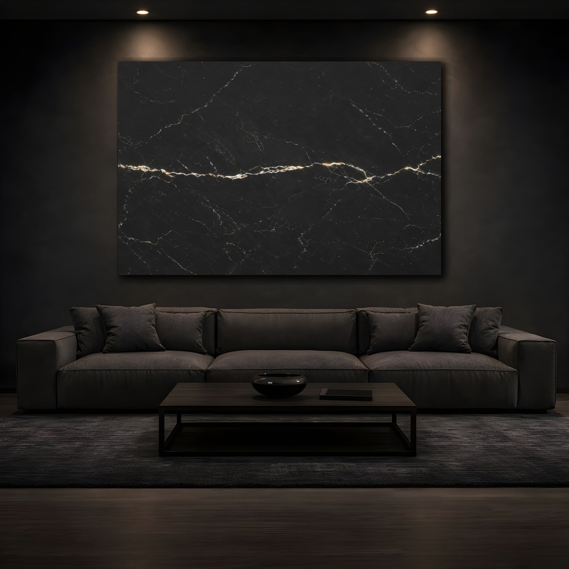 Mockup 4. Abstract Marble Texture Black And Gold shown as stretched canvas wall art