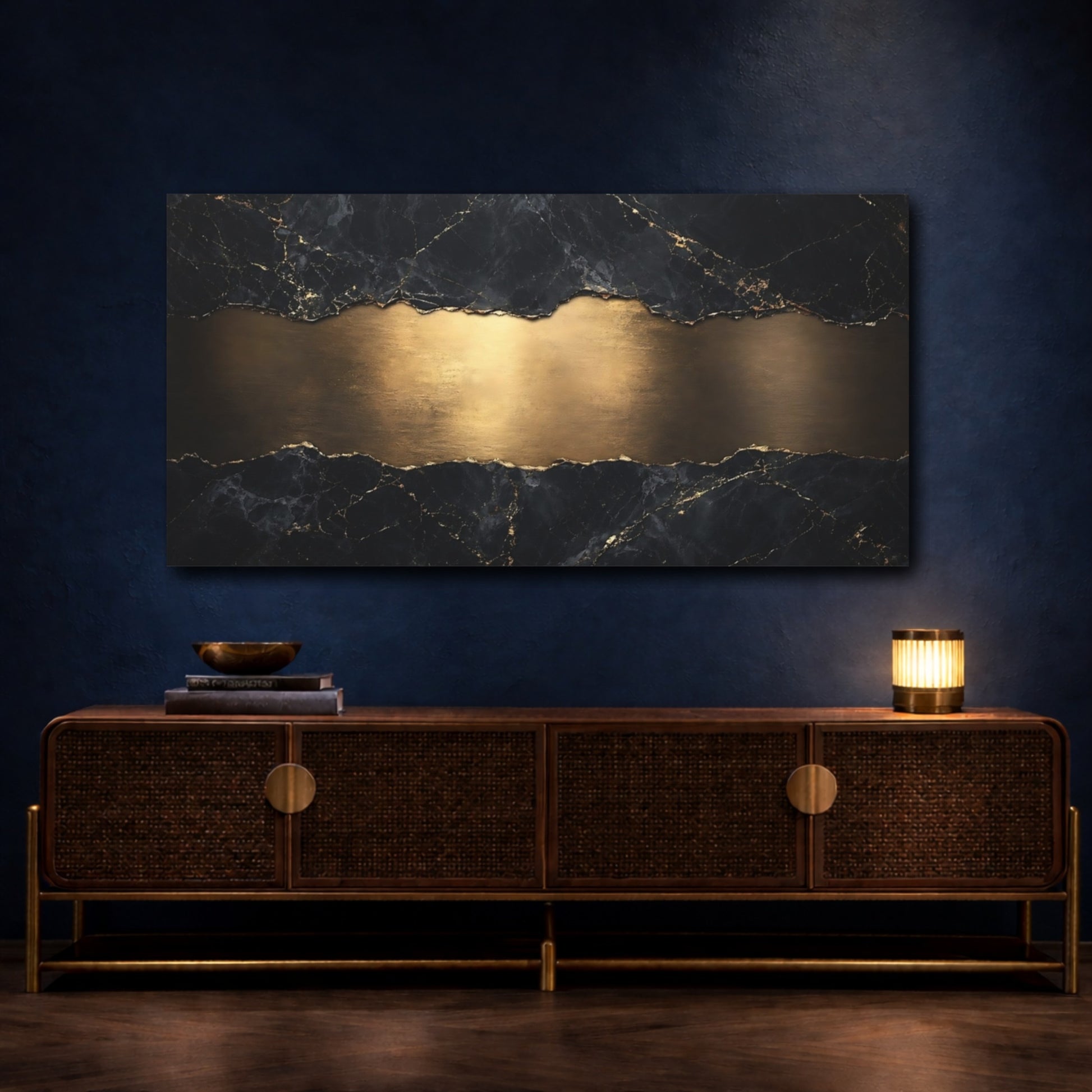 Mockup 4. Abstract Marble Texture Black And Gold shown as stretched canvas wall art