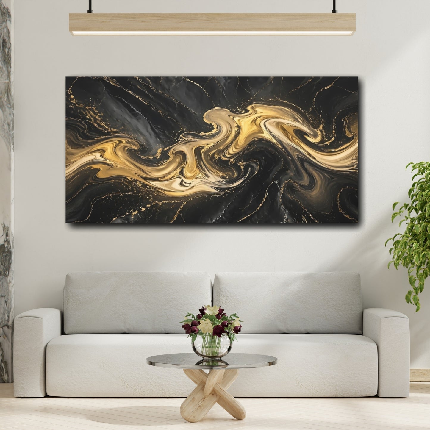 Mockup 4. Abstract Marble Texture Black And Gold shown as stretched canvas wall art