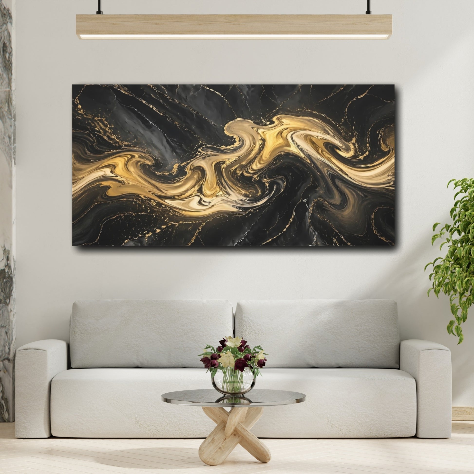 Mockup 4. Abstract Marble Texture Black And Gold shown as stretched canvas wall art