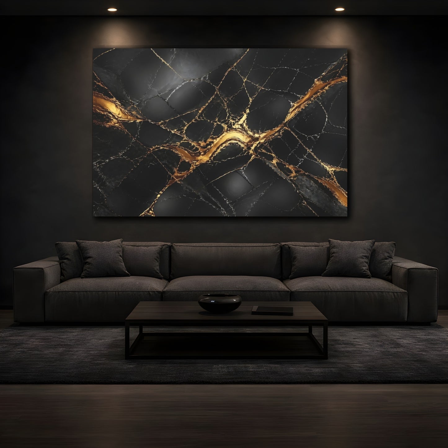 Mockup 4. Abstract Marble Texture Black And Gold shown as stretched canvas wall art