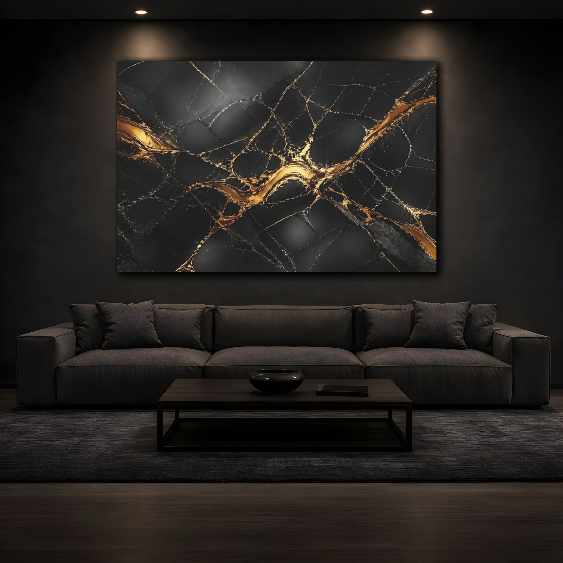 Mockup 4. Abstract Marble Texture Black And Gold shown as stretched canvas wall art