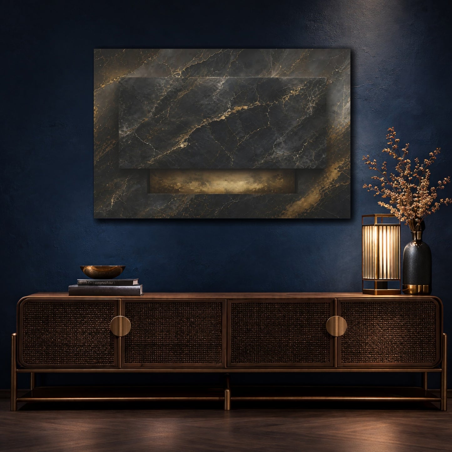 Mockup 4. Abstract Marble Texture Black And Gold shown as stretched canvas wall art