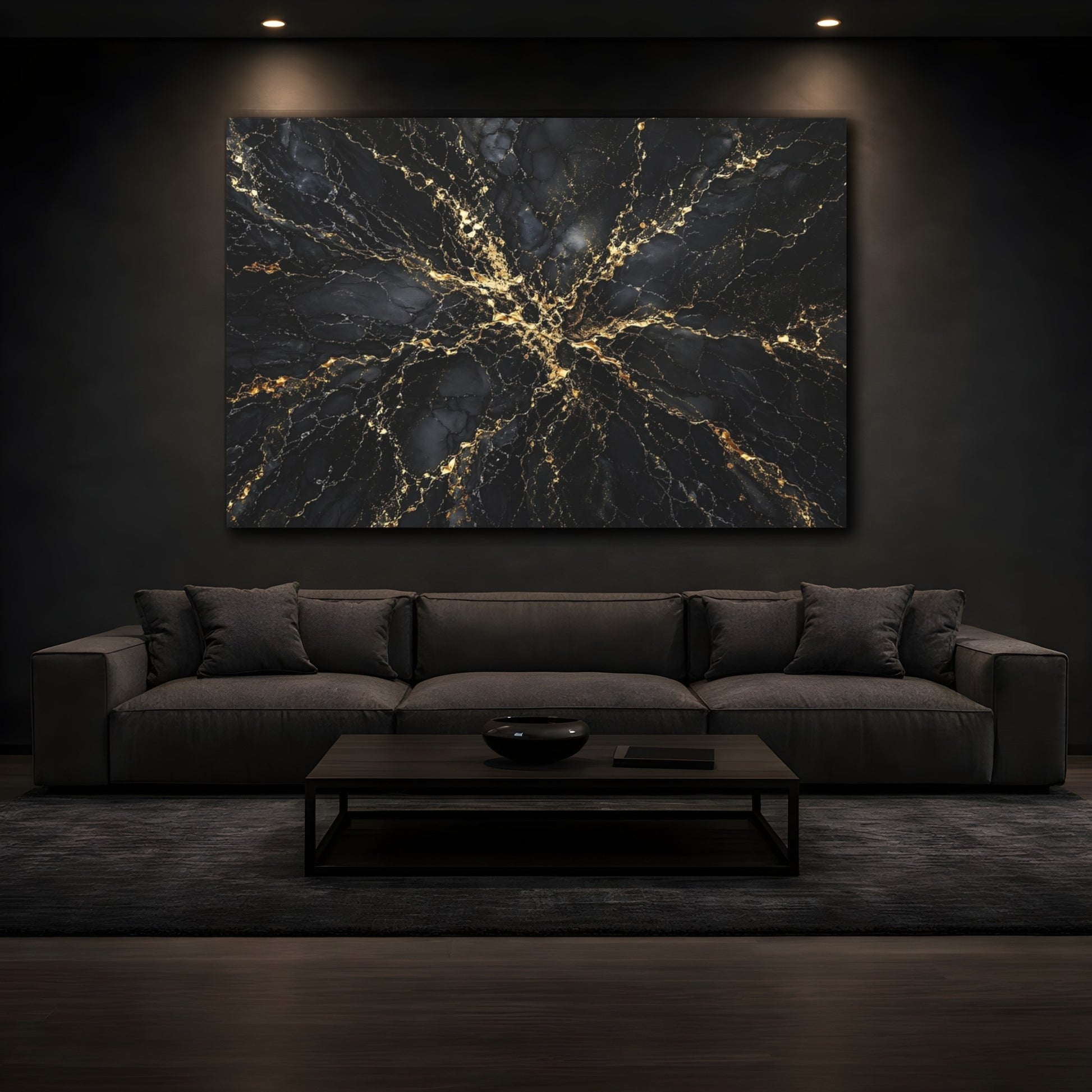 Mockup 4. Abstract Marble Texture Black And Gold shown as stretched canvas wall art