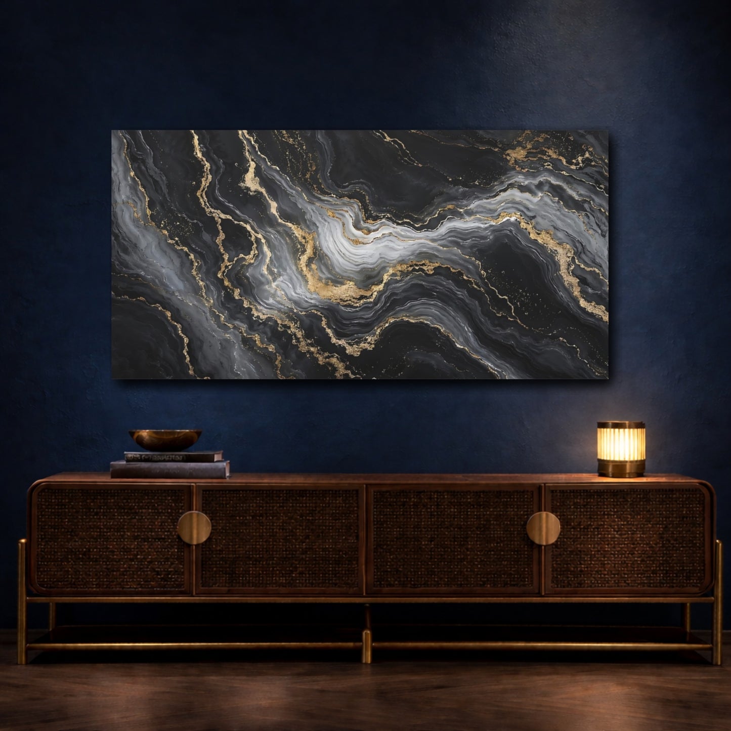 Mockup 4. Abstract Marble Texture Black And Gold shown as stretched canvas wall art