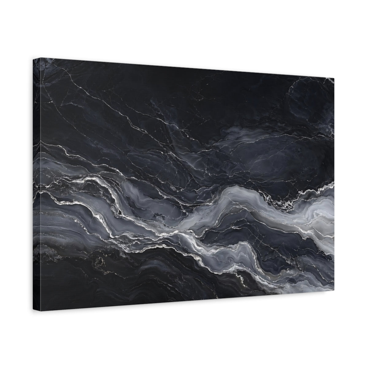 Side Mockup 3. Abstract Marble Texture Black And Grey shown as stretched canvas wall art
