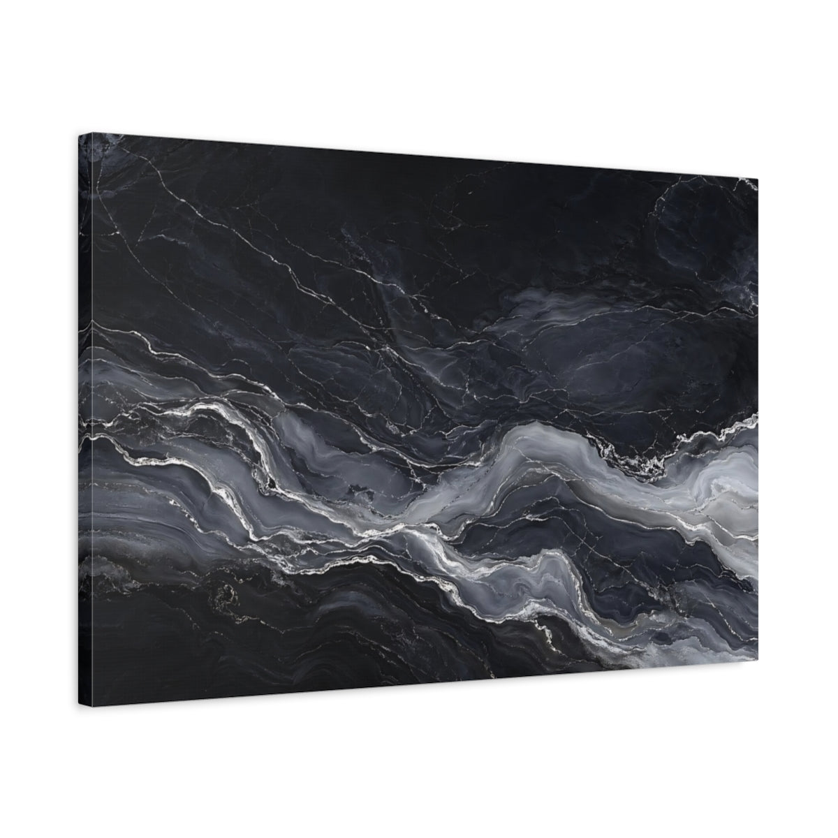 Side Mockup 2. Abstract Marble Texture Black And Grey shown as stretched canvas wall art