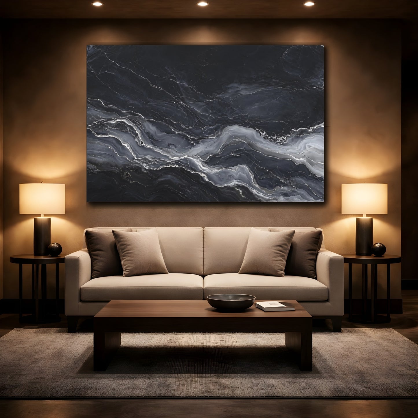 Mockup 2. Abstract Marble Texture Black And Grey shown as stretched canvas wall art