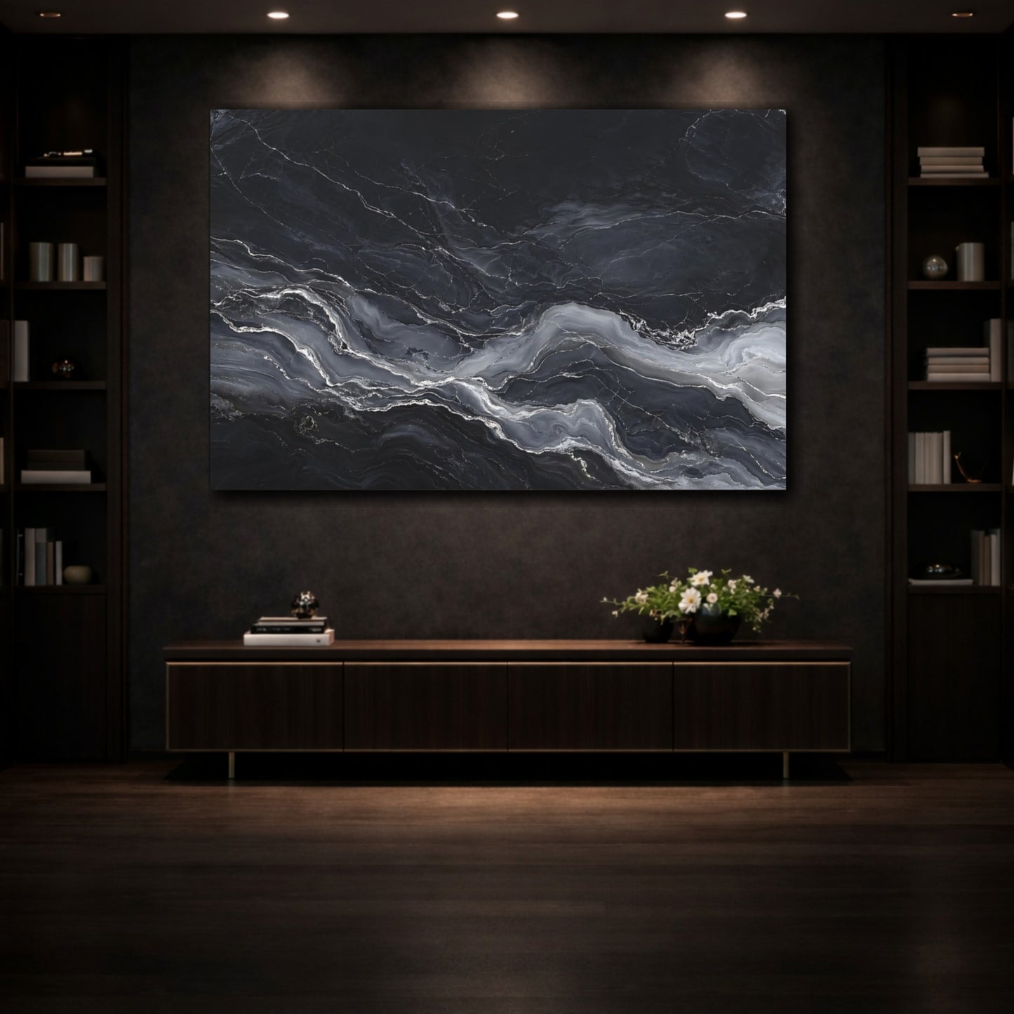 Mockup 3. Abstract Marble Texture Black And Grey shown as stretched canvas wall art