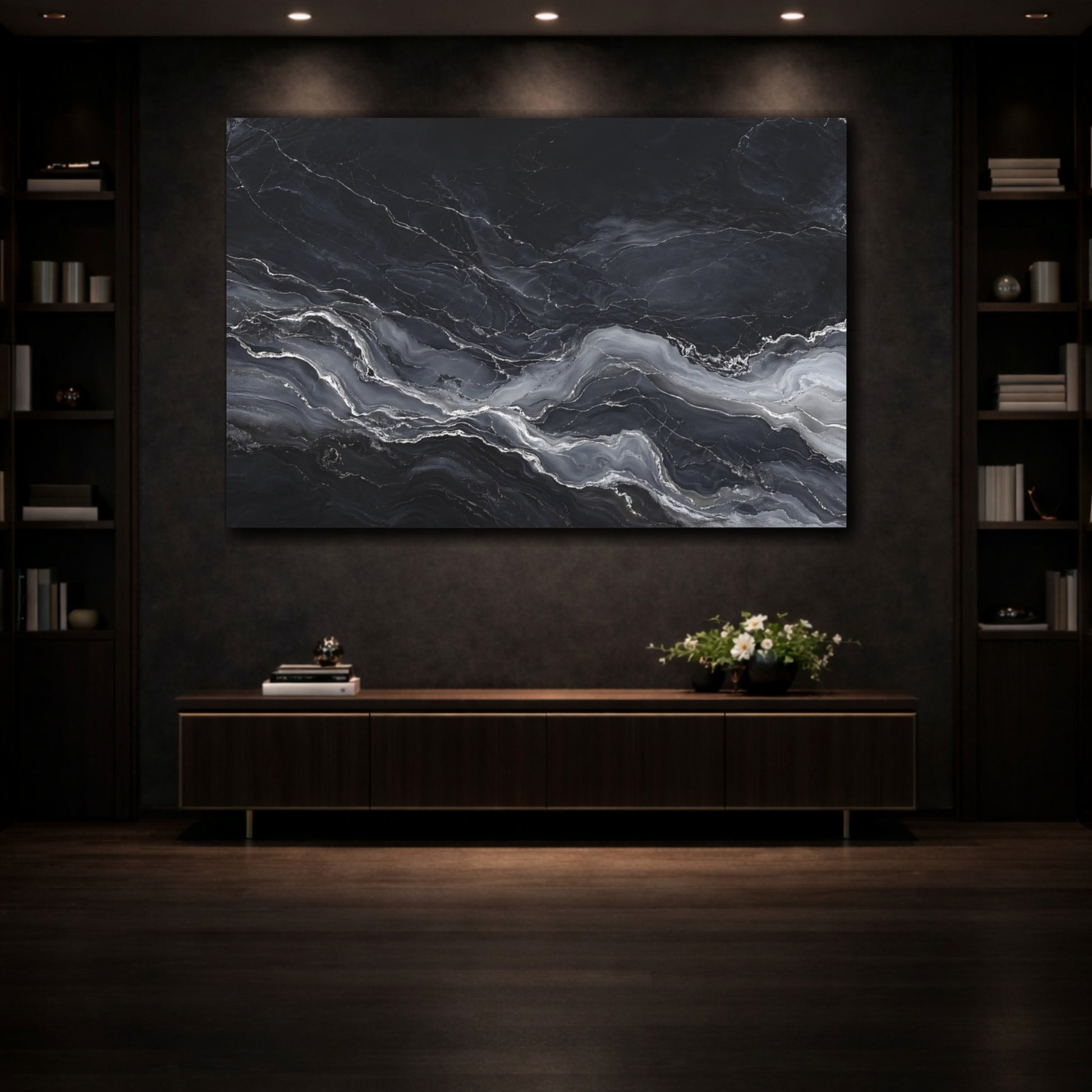 Mockup 3. Abstract Marble Texture Black And Grey shown as stretched canvas wall art