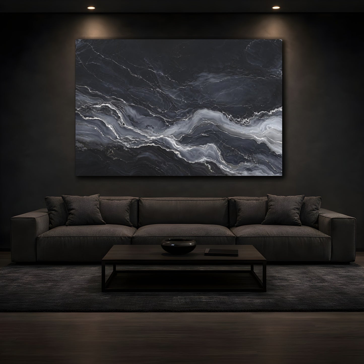 Mockup 4. Abstract Marble Texture Black And Grey shown as stretched canvas wall art
