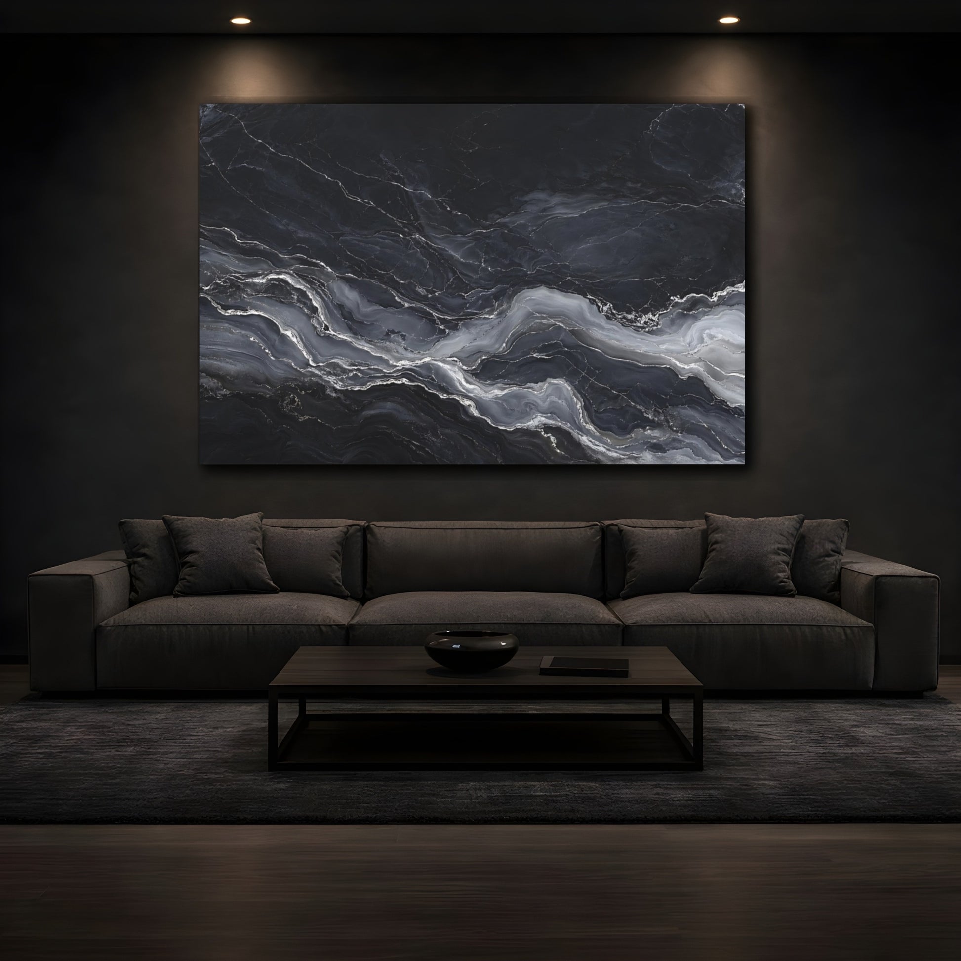 Mockup 4. Abstract Marble Texture Black And Grey shown as stretched canvas wall art