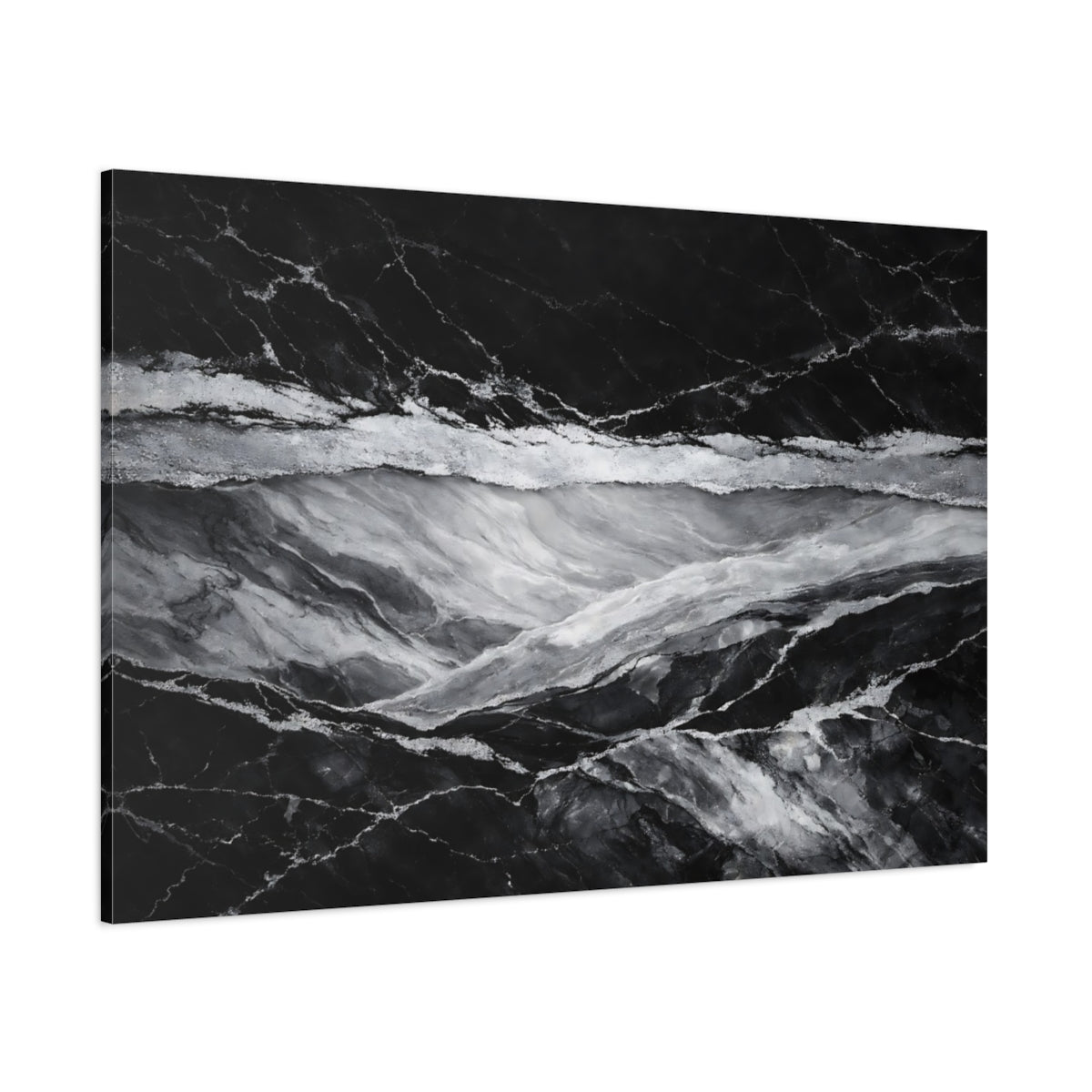 Main Mockup. Abstract Marble Texture Black And Silver shown as stretched canvas wall art