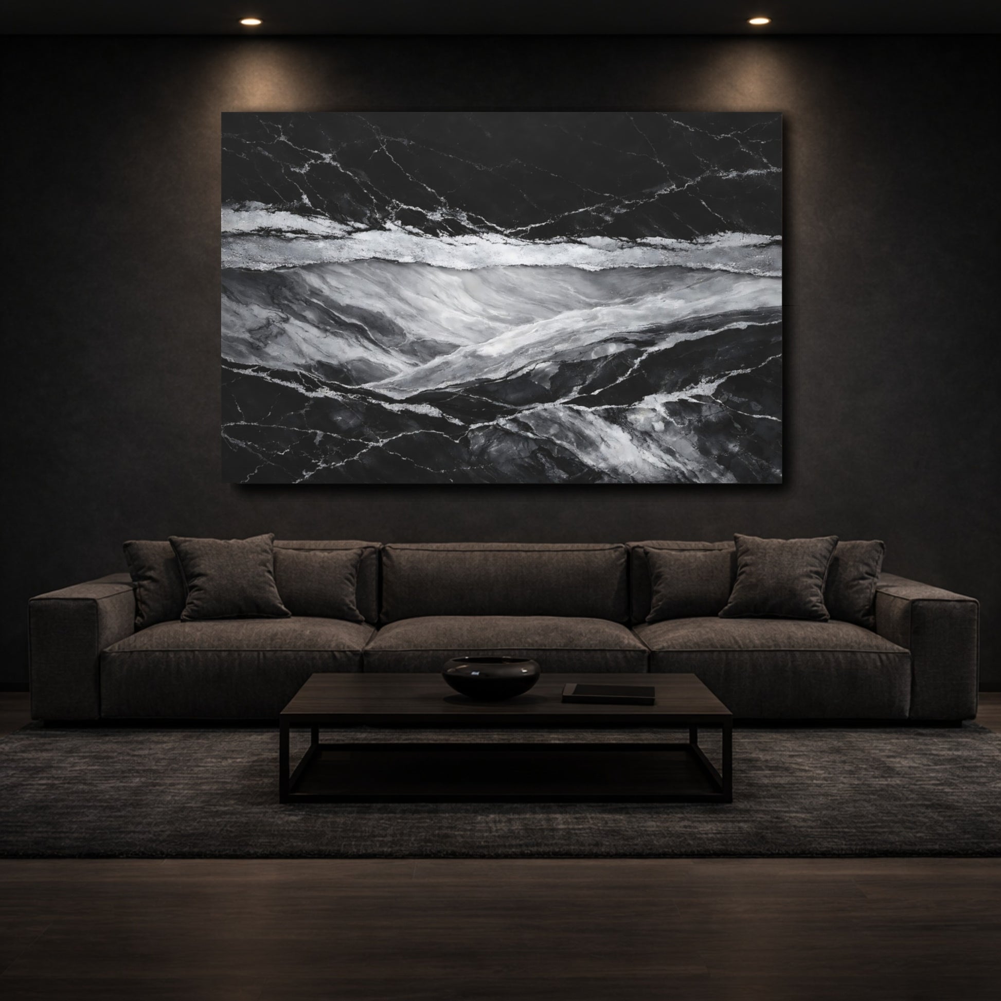 Mockup 2. Abstract Marble Texture Black And Silver shown as stretched canvas wall art