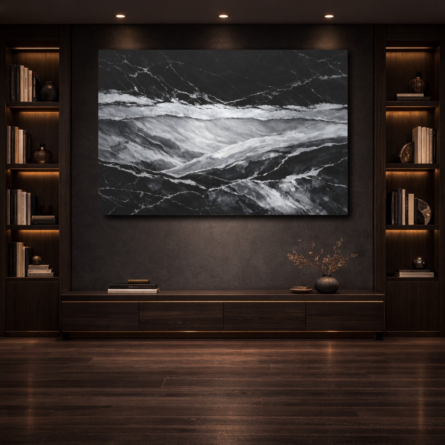 Mockup 3. Abstract Marble Texture Black And Silver shown as stretched canvas wall art