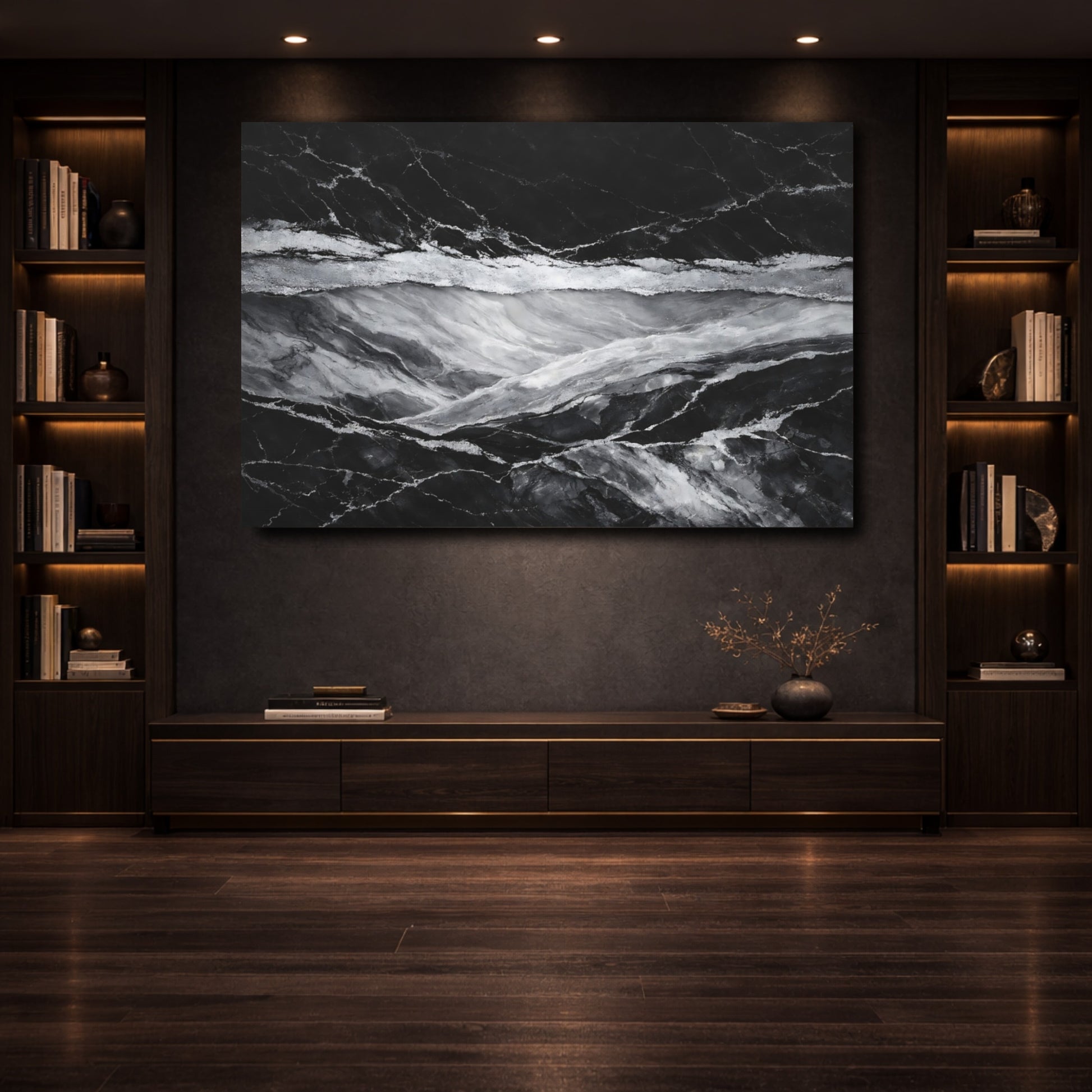 Mockup 3. Abstract Marble Texture Black And Silver shown as stretched canvas wall art