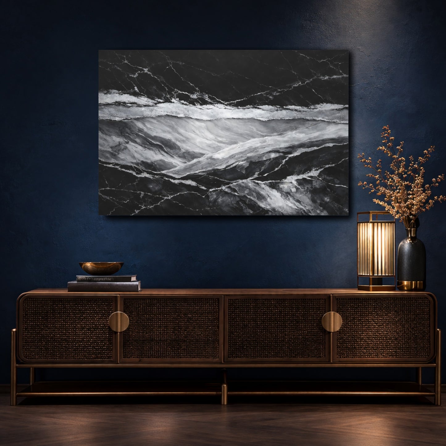 Mockup 4. Abstract Marble Texture Black And Silver shown as stretched canvas wall art
