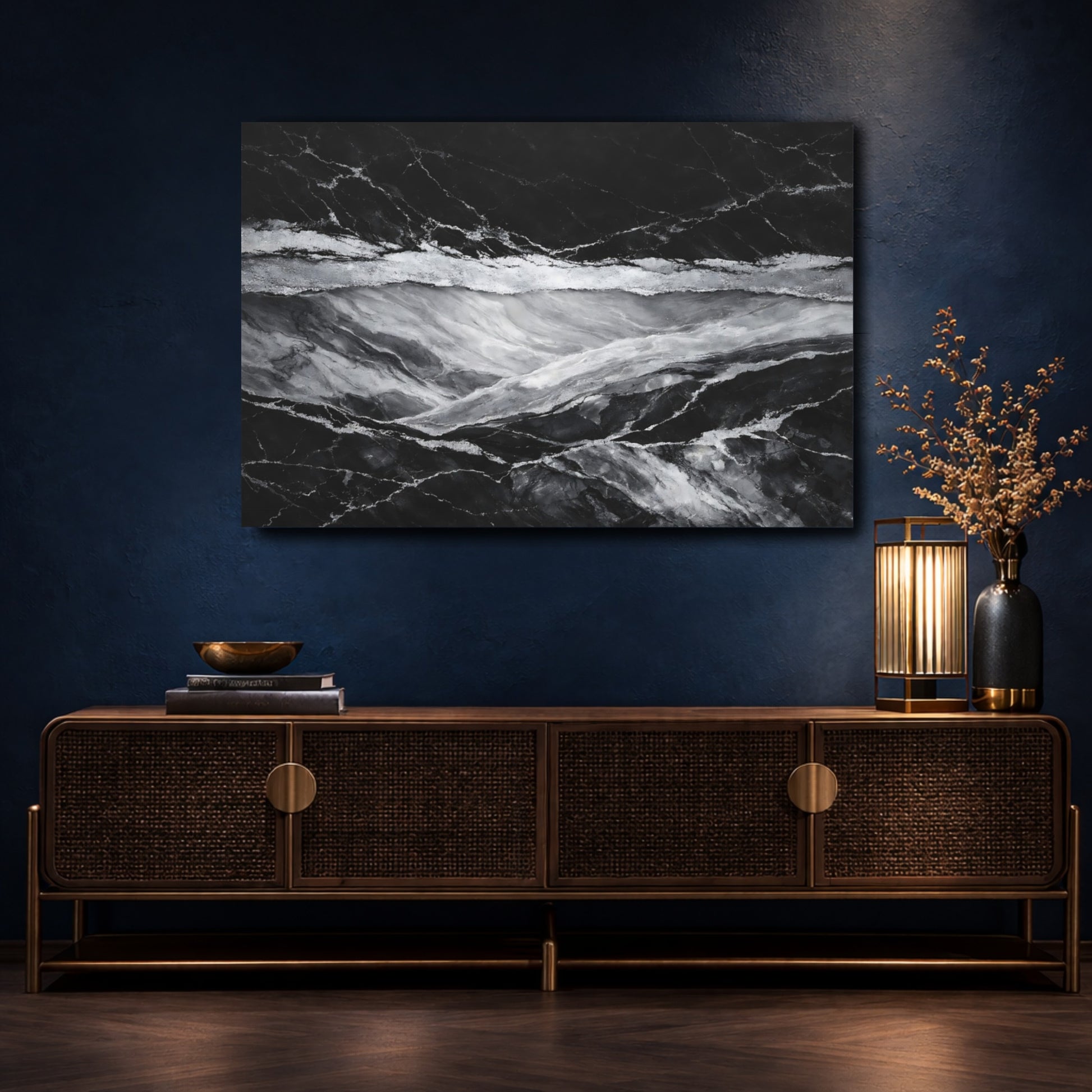 Mockup 4. Abstract Marble Texture Black And Silver shown as stretched canvas wall art