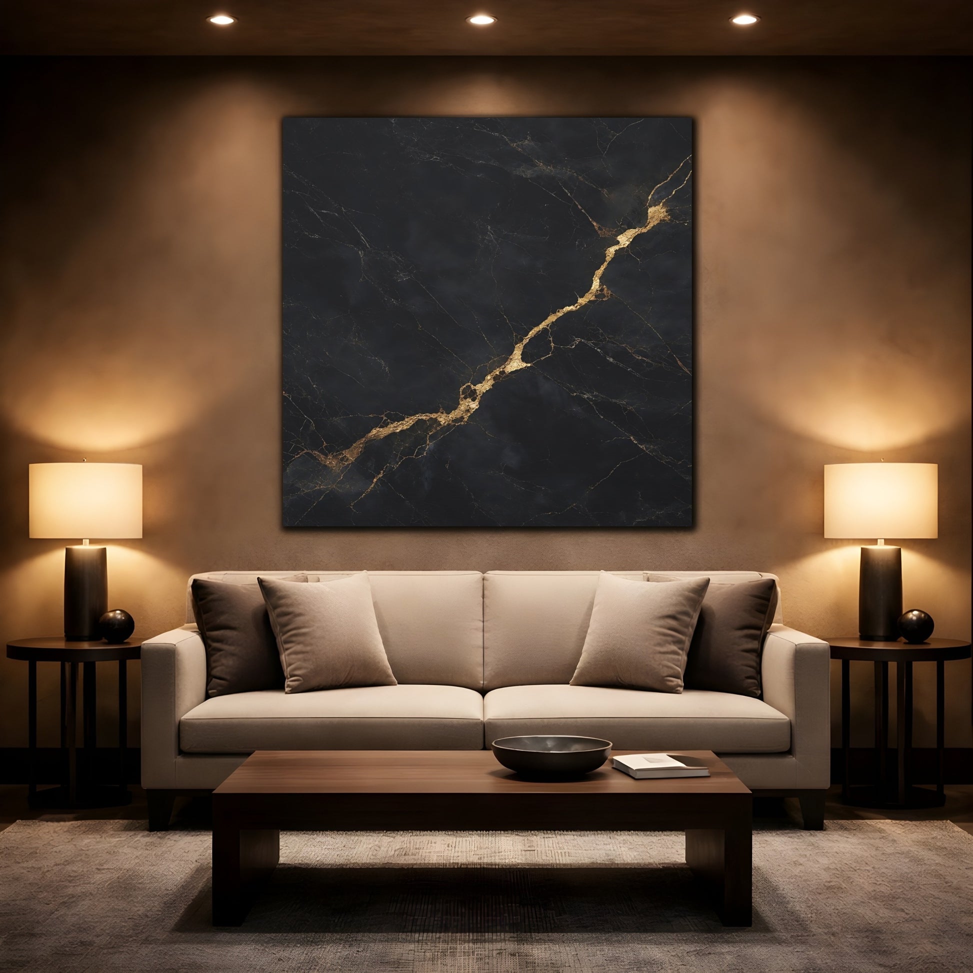 Mockup 2. Abstract Marble Texture Black Gold Abstract shown as stretched canvas wall art