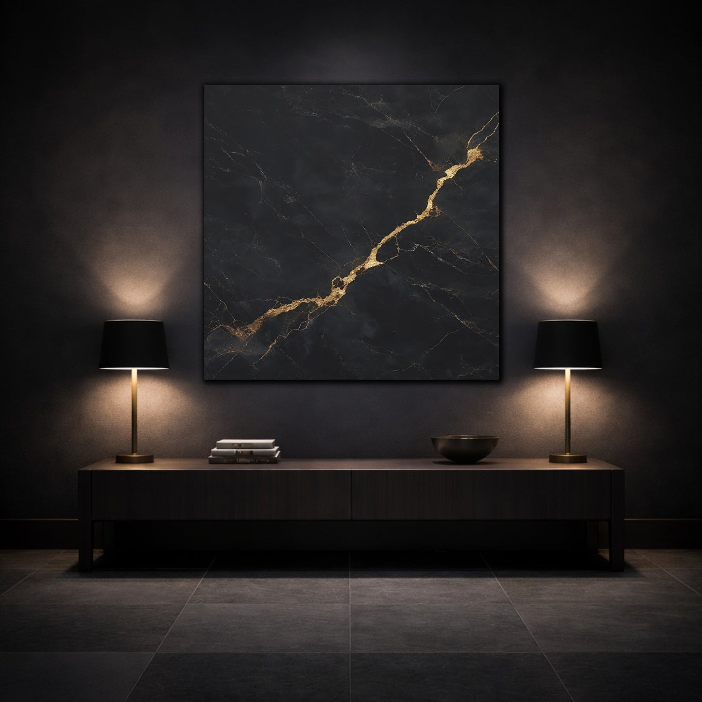 Mockup 3. Abstract Marble Texture Black Gold Abstract shown as stretched canvas wall art