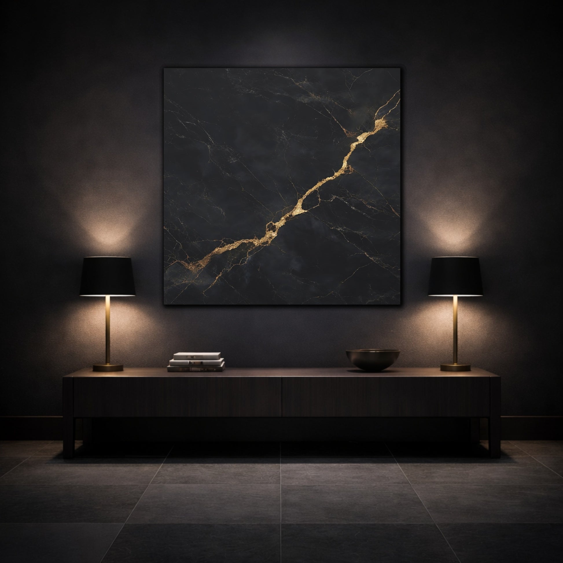 Mockup 3. Abstract Marble Texture Black Gold Abstract shown as stretched canvas wall art