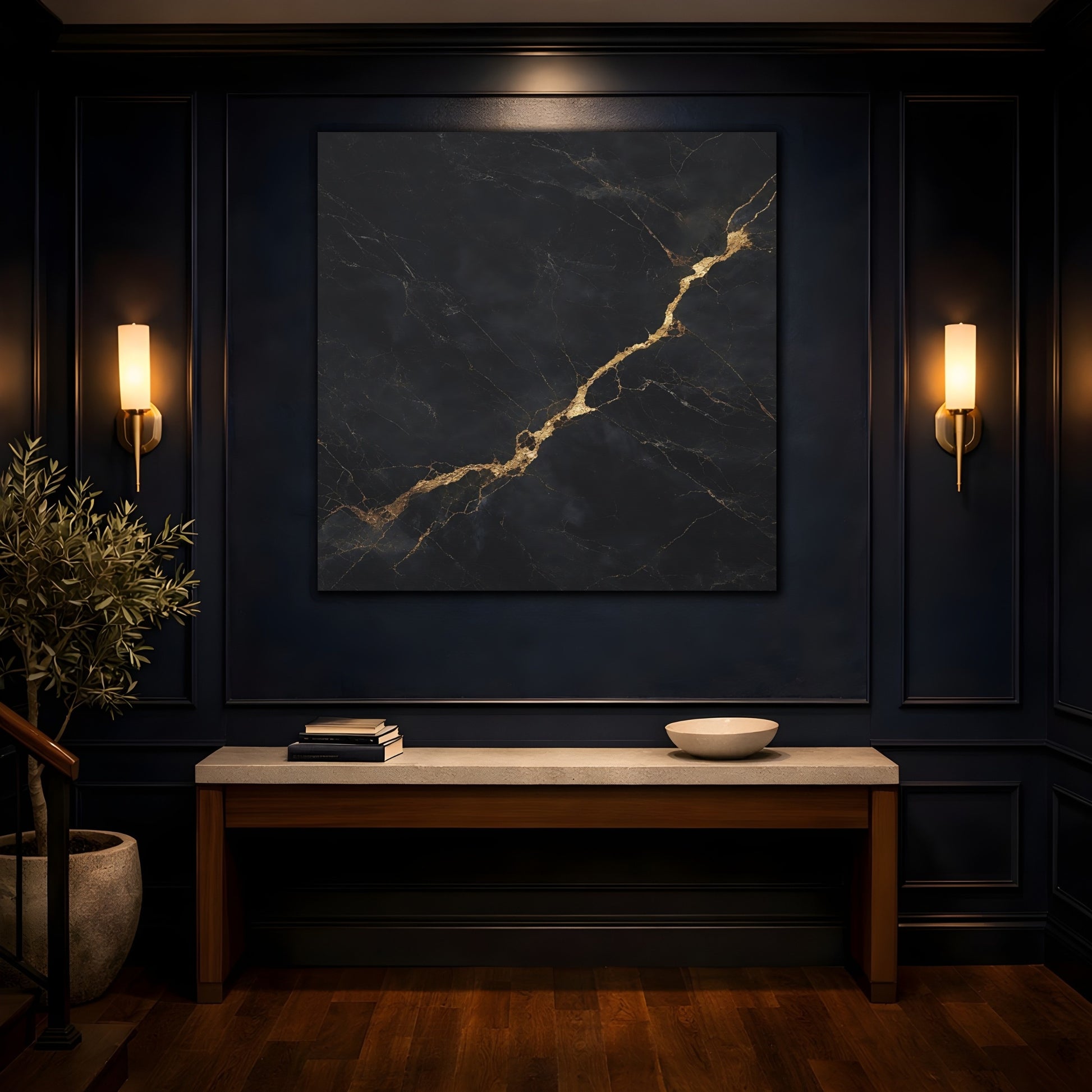 Mockup 4. Abstract Marble Texture Black Gold Abstract shown as stretched canvas wall art
